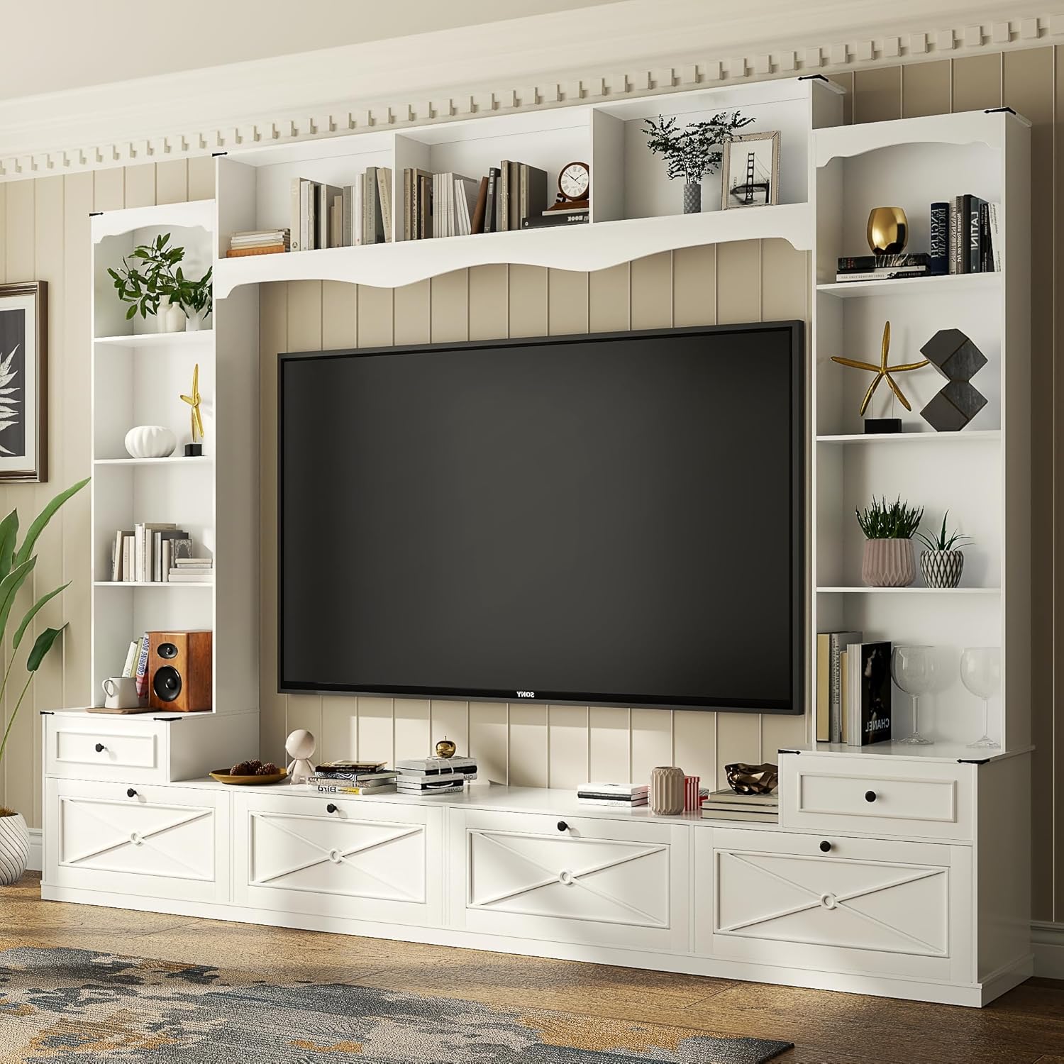 Loomie 104" W Wall Unit TV Stand with Storage for TVs up to 80", Large Farmhouse Wall Unit Entertainment Center with Bridge & Bookshelves, Tall TV Console Table Media Center for Living Room