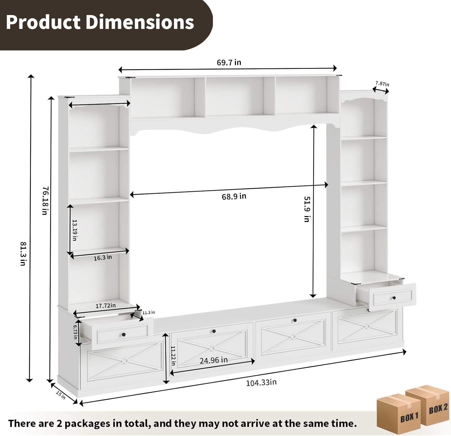 Loomie 104" W Wall Unit TV Stand with Storage for TVs up to 80", Large Farmhouse Wall Unit Entertainment Center with Bridge & Bookshelves, Tall TV Console Table Media Center for Living Room