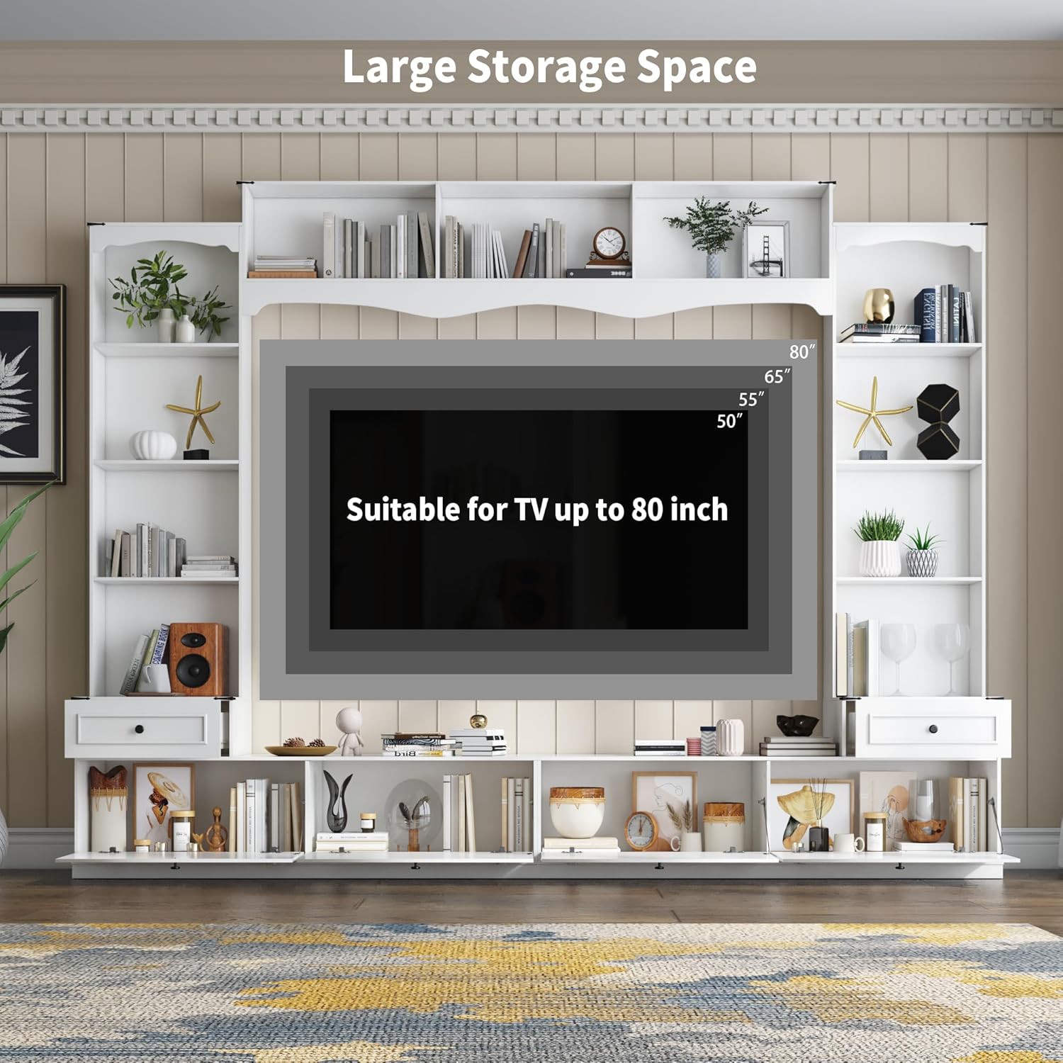 Loomie 104" W Wall Unit TV Stand with Storage for TVs up to 80", Large Farmhouse Wall Unit Entertainment Center with Bridge & Bookshelves, Tall TV Console Table Media Center for Living Room