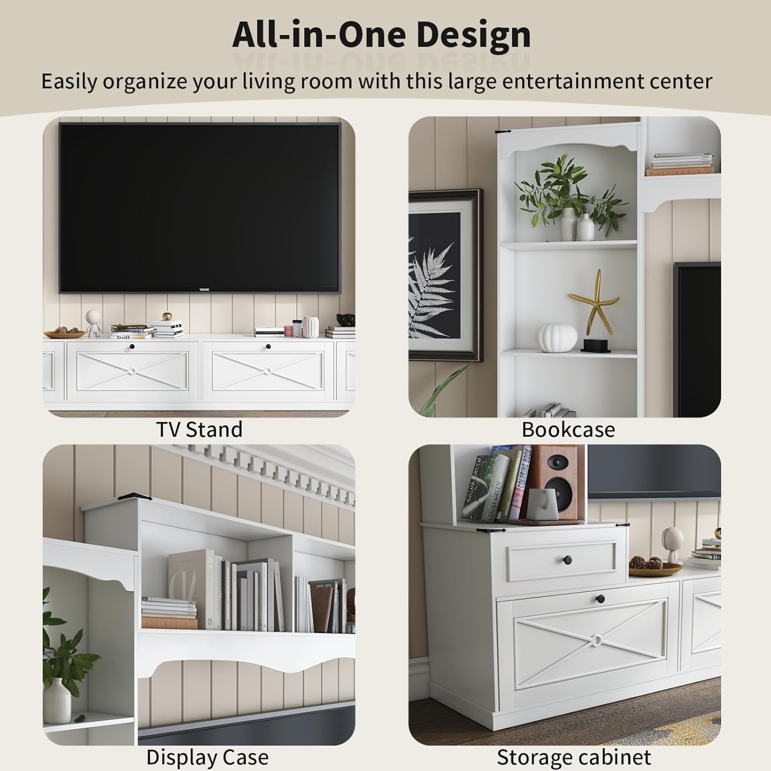 Loomie 104" W Wall Unit TV Stand with Storage for TVs up to 80", Large Farmhouse Wall Unit Entertainment Center with Bridge & Bookshelves, Tall TV Console Table Media Center for Living Room