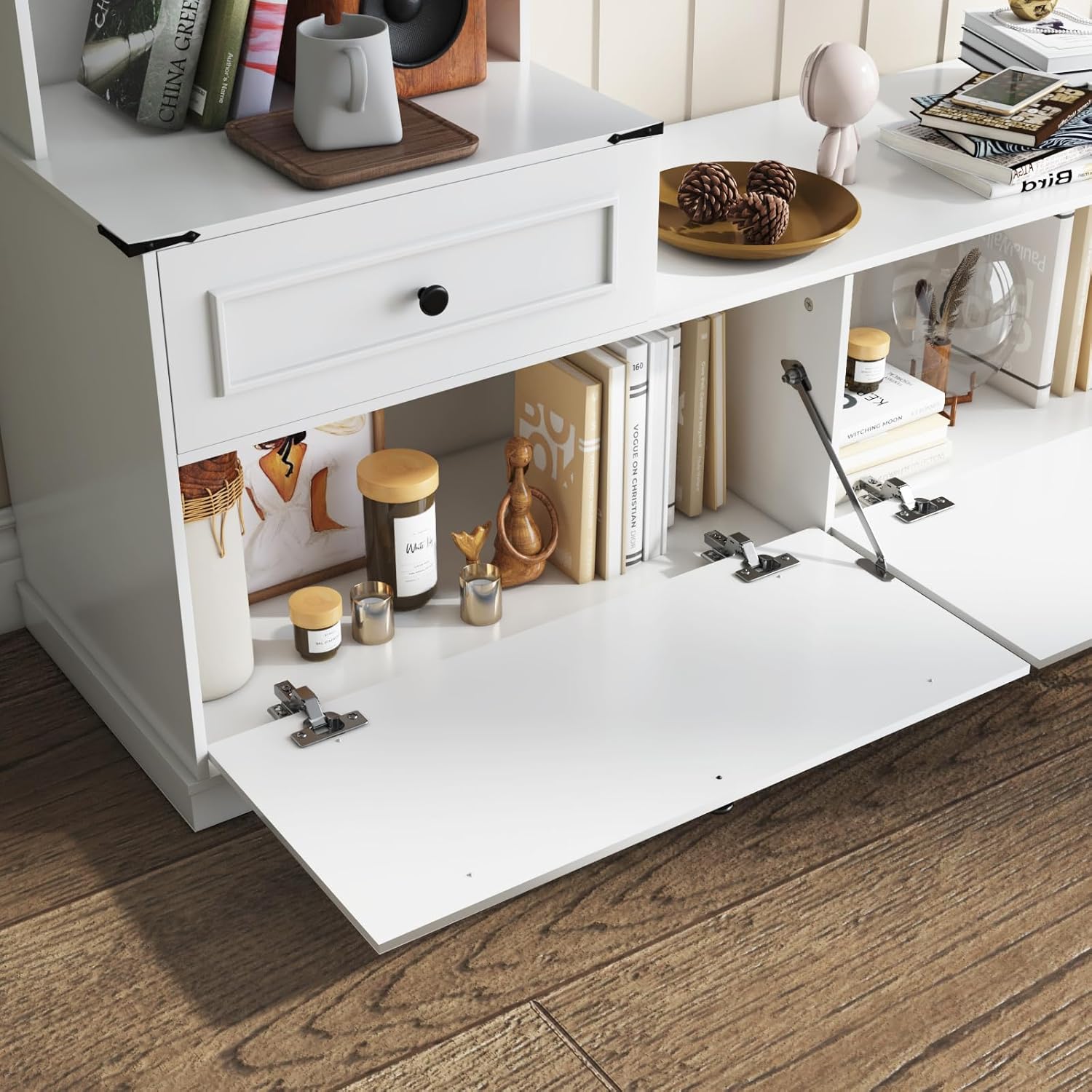 Loomie 104" W Wall Unit TV Stand with Storage for TVs up to 80", Large Farmhouse Wall Unit Entertainment Center with Bridge & Bookshelves, Tall TV Console Table Media Center for Living Room