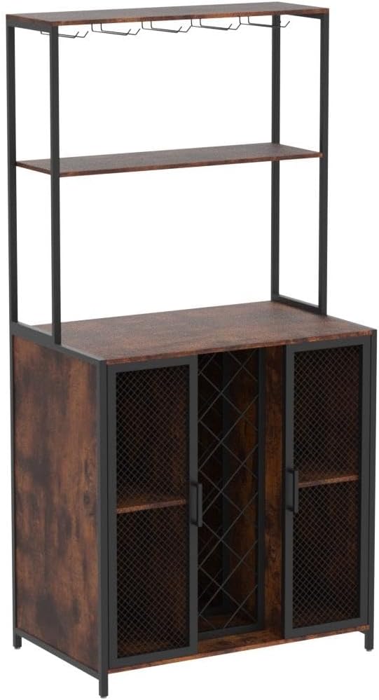 Loomie Wine Bar Cabinet with LED Lights, 5-Tier Industrial Coffee Bar, Buffet Sideboard with Adjustable Shelves, Kitchen Bar Table with Wine Rack Storage and Glass Slots for Liquor and Glasses,Rustic