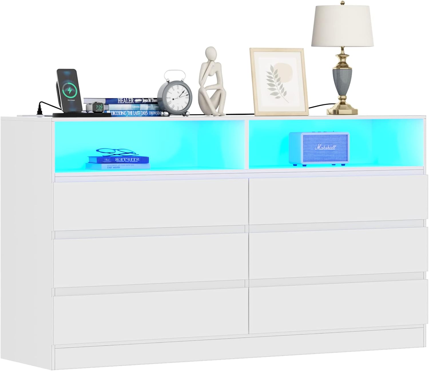 Loomie Drawers Dresser, White Drawer Dresser with Power Outlet, Accent Chests of Drawers with LED Light, Modern Storage Dresser for Bedroom, Living Room (White)