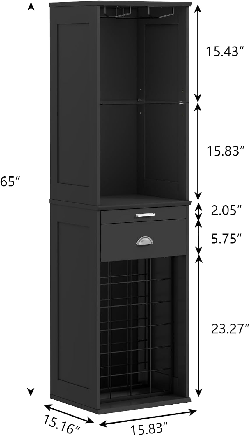 Loomie Wine Bar Cabinet with LED Lights, 65'' Tall Coffee Bar with 24 Wine Rack & Glass Holder, Freestanding Liquor Cabinet with Tray & Drawer & Adjustable Shelf (Black)
