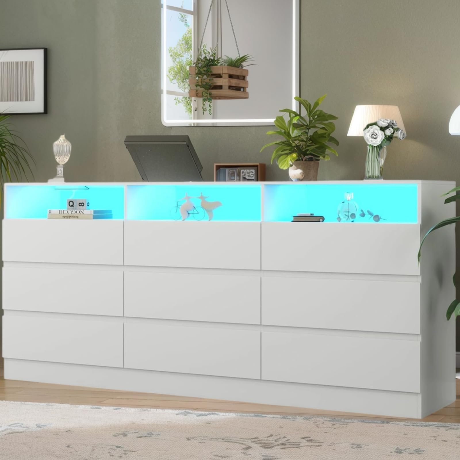 Loomie 12-Cell Divided Drawers White Dresser with Charging Station & Led Lights for Bedroom, Long 63" Wide Dresser TV Stand for TVs up to 75", Large Dressers Organizer with 4 Open Cubbies