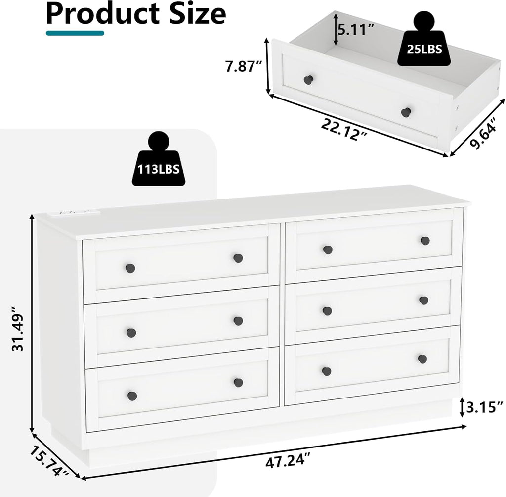 Loomie 6 Drawer Dresser with Power Outlet, Modern Chest of Drawers with Led Light, Double Wide Drawer Organizer Cabinet, Dresser for Bedroom, Living Room, Entryway (White)