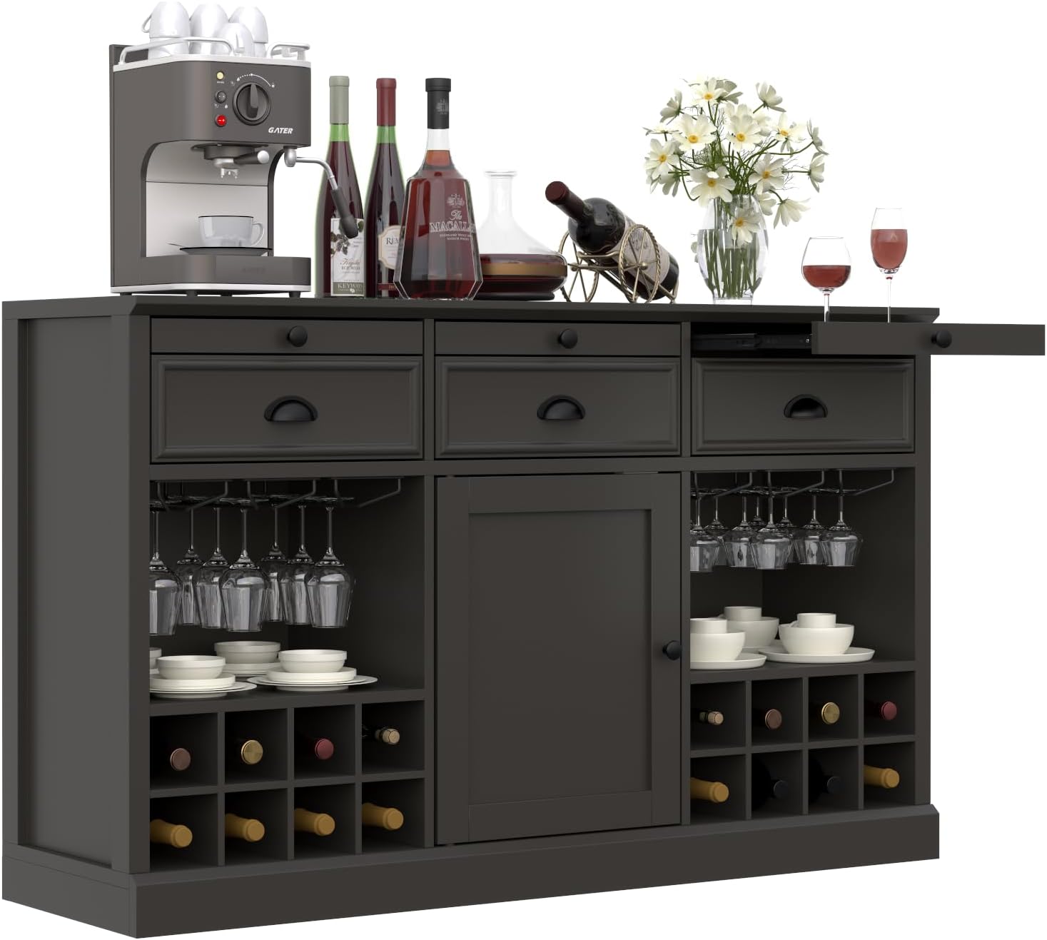 Loomie Wine Bar Cabinet with Pull-Out Trays & Drawers, Liquor Cabinet with Wine Rack & Stemware Holder, Coffee Bar Cabinet with Door & Adjustable Shelf, Kitchen Buffet Cabinet for Home Pub (Black)
