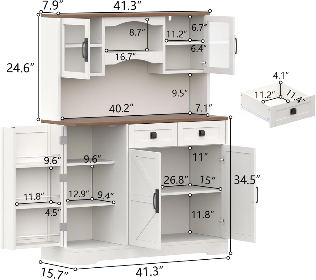 Loomie 59" Farmhouse Buffet Cabinets with Storage,Buffet Sideboard Cabinet with Drawers and Glass Door,Freestanding Coffee Bar with Adjustable Shelves for Dining Room,Kitchen,(White)