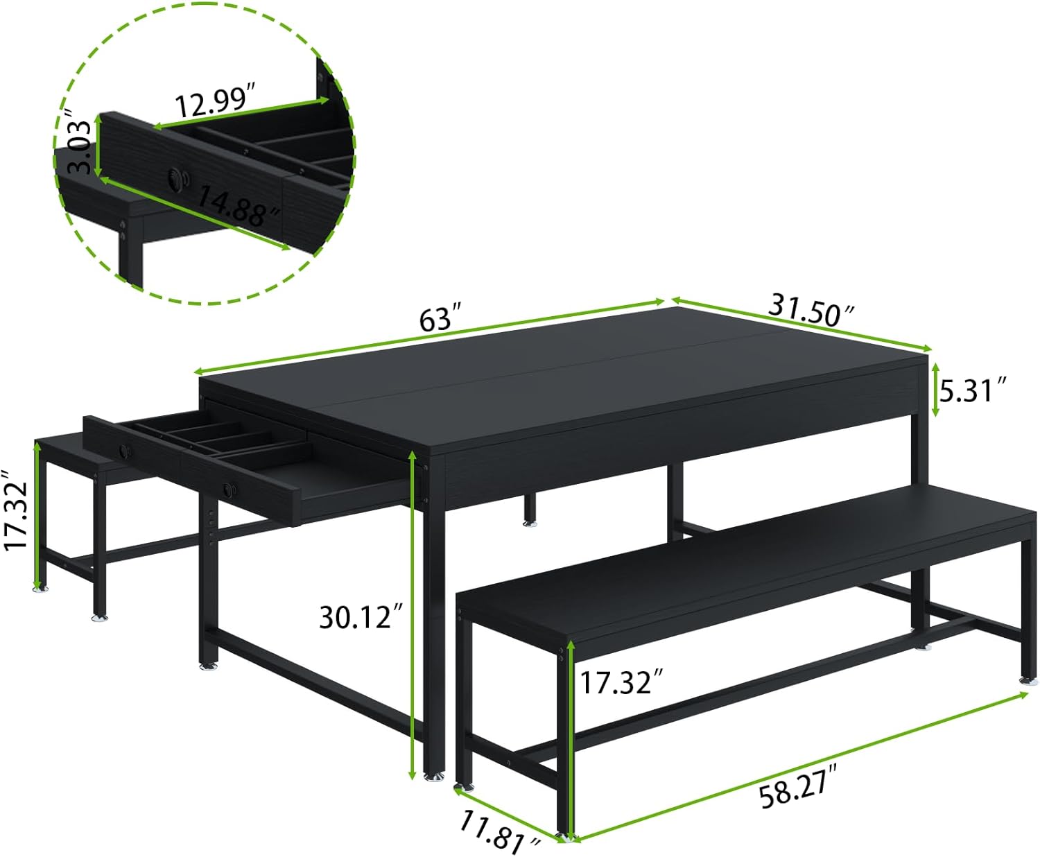 Loomie 63" Dining Table Set for 4-6, 3-Piece Kitchen Table with 2 Utensil Drawers, 2 Benches & Wine Rack, Modern Space Saving & Heavy Duty Dinner Table Set with Metal Frame & MDF Board,Black