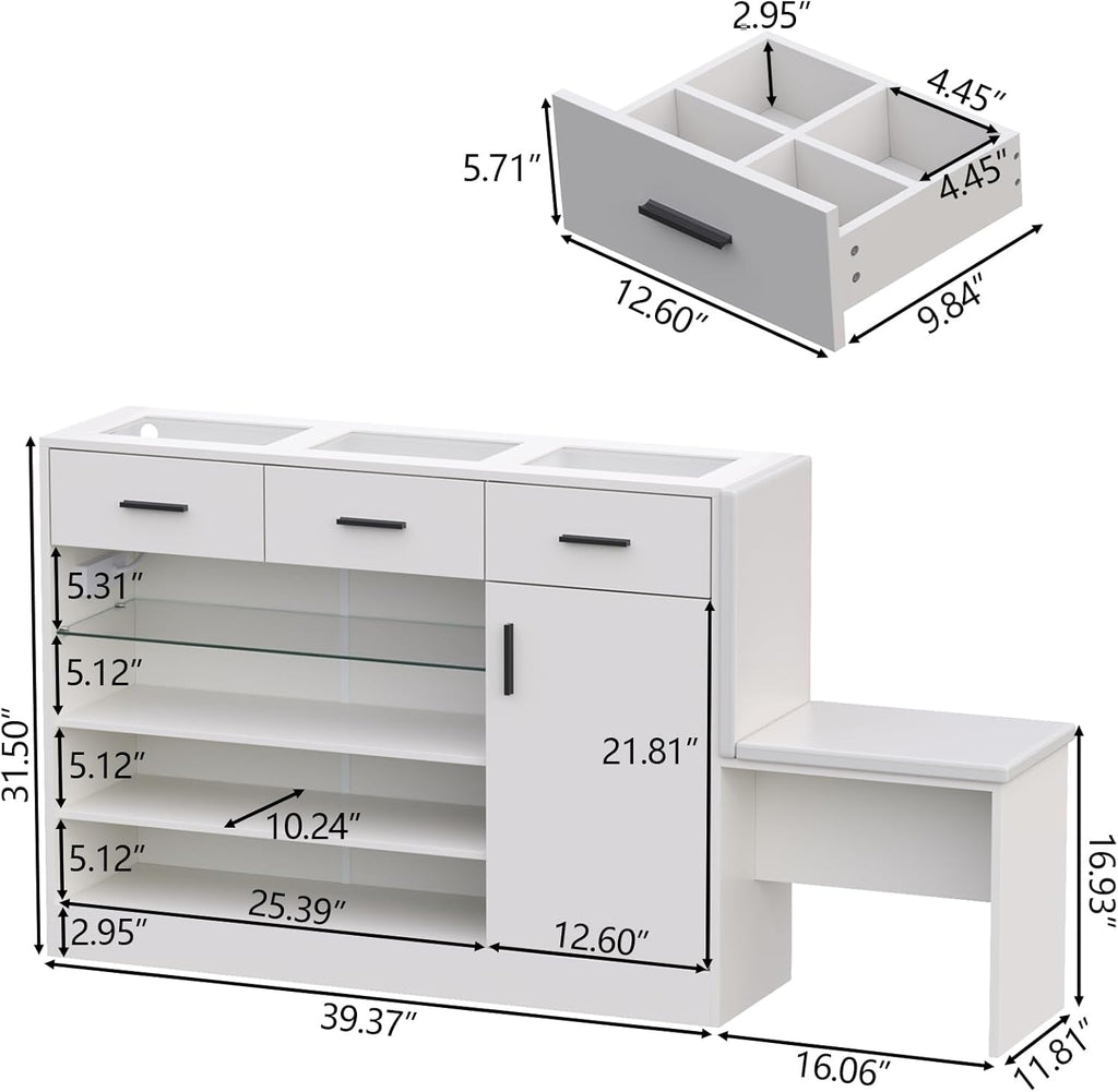 Makeup Vanity Storage Island with Charging & LED Light,Wardrobe Closet Island with Glass Tabletop and Bench, Modern Storage Display Cabinet with Drawers and Shelves for Dressing Room Cloakroom（White）