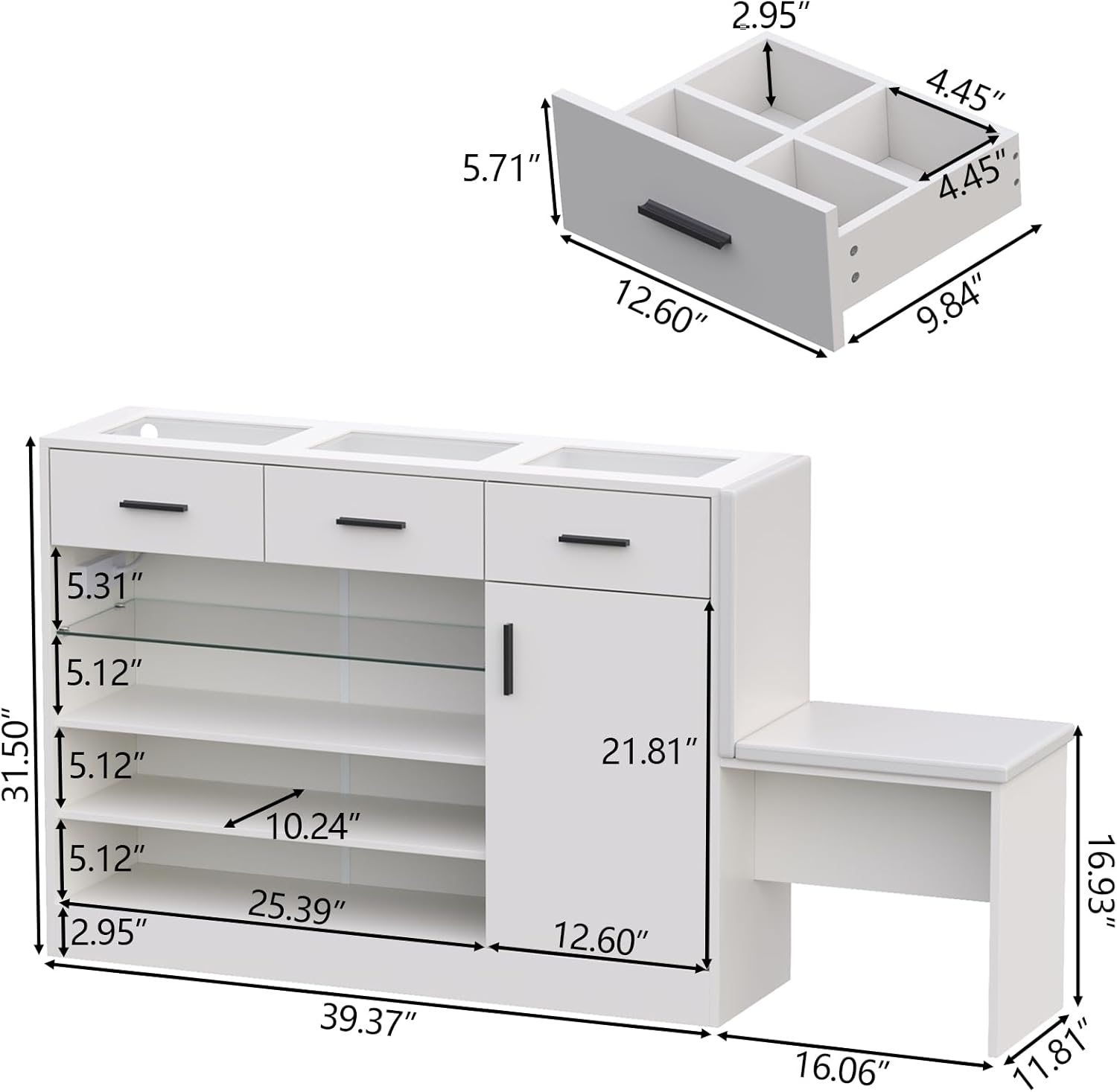 Makeup Vanity Storage Island with Charging & LED Light,Wardrobe Closet Island with Glass Tabletop and Bench, Modern Storage Display Cabinet with Drawers and Shelves for Dressing Room Cloakroom（White）