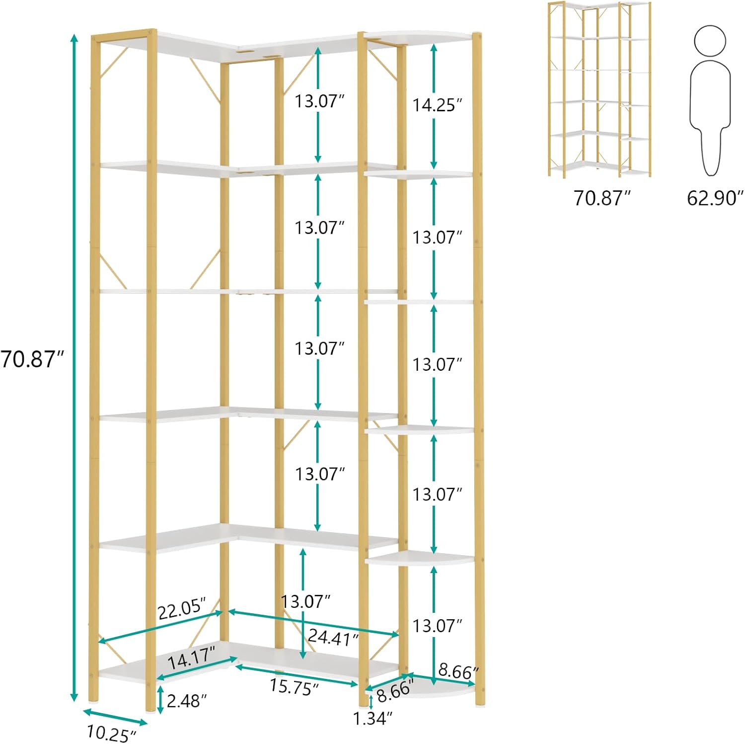 Loomie Gold Corner Shelf, 6-Tier 70.87" H Corner Bookcase, Tall Modern Corner Bookshelf Storage Display Rack, Open Book Case for Home Office & Living Room, Gold Finish Metal Frame & White Shelving