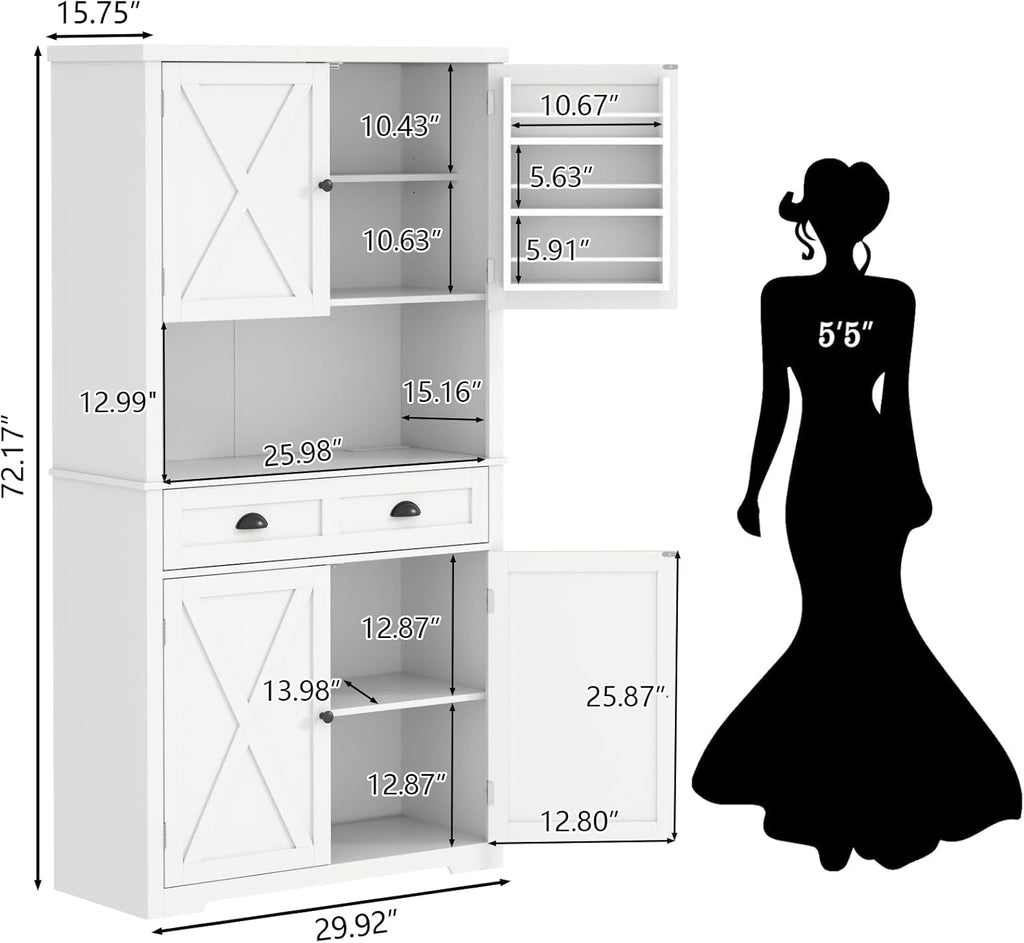 Loomie 72" Farmhouse Kitchen Pantry Cabinet With LED, Operation Table & Power Outlet, Tall Storage With Drawer, Adjustable Shelves for Dining Room (White)