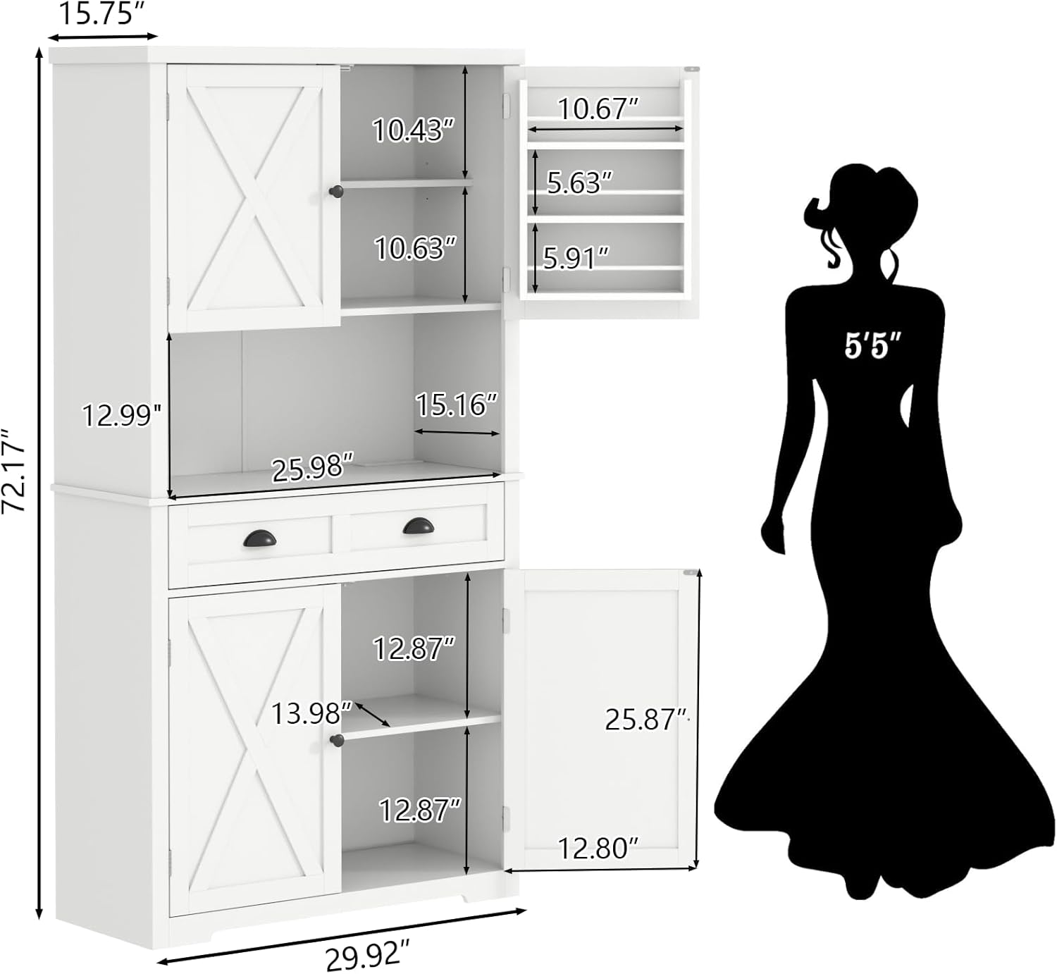 Loomie 72" Farmhouse Kitchen Pantry Cabinet With LED, Operation Table & Power Outlet, Tall Storage With Drawer, Adjustable Shelves for Dining Room (White)