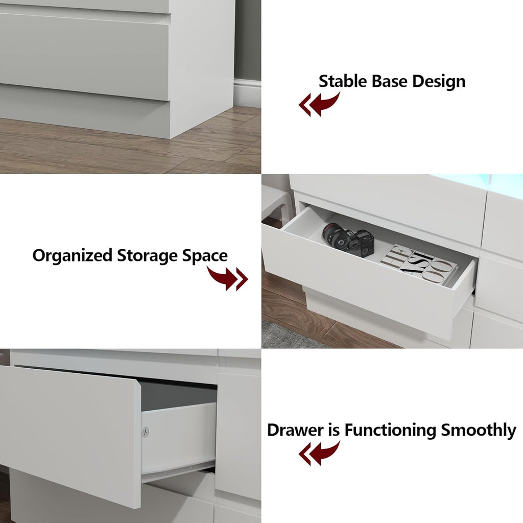 Loomie 9 Drawer Dresser with Power Outlet, Modern Chest of Drawers with LED Light, Long Wide Drawer Dresser Organizer Cabinet with 3 Open Cubbies for Bedroom, Living Room,Entryway (White)
