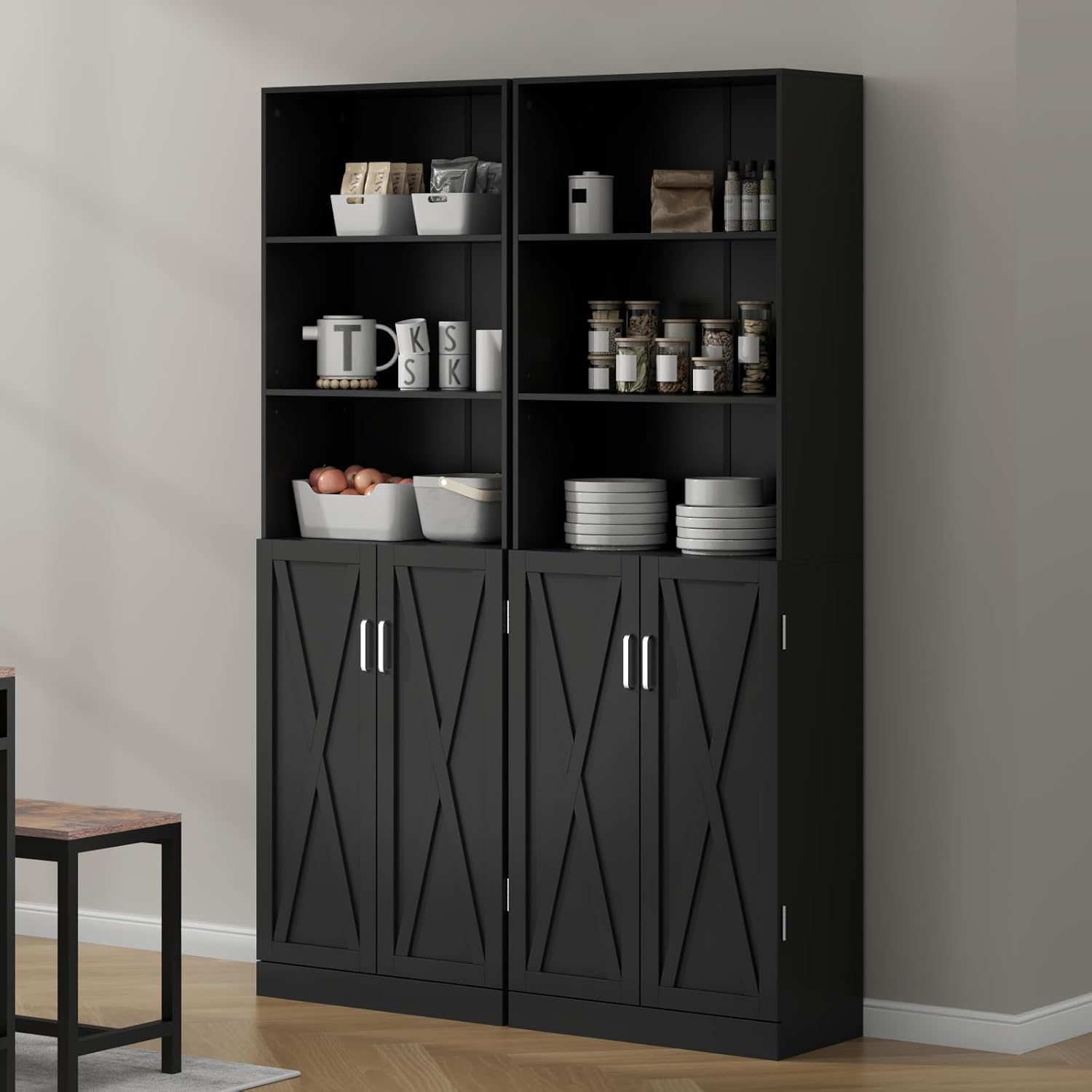 Loomie Industrial Bookshelf with Door, 6 Tier Farmhouse Book Shelf with Adjustable Shelves,70" Tall Display Etagere Bookcase,Floor Standing Unit Book Case Furniture for Home Office,Living Room (Black)