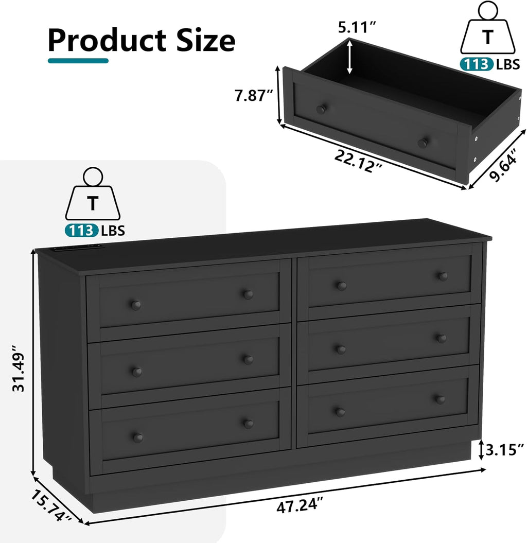Loomie 6 Drawer Dresser with Power Outlet, Modern Chest of Drawers with Led Light, Double Wide Drawer Organizer Cabinet, Dresser for Bedroom, Living Room, Entryway (Black)