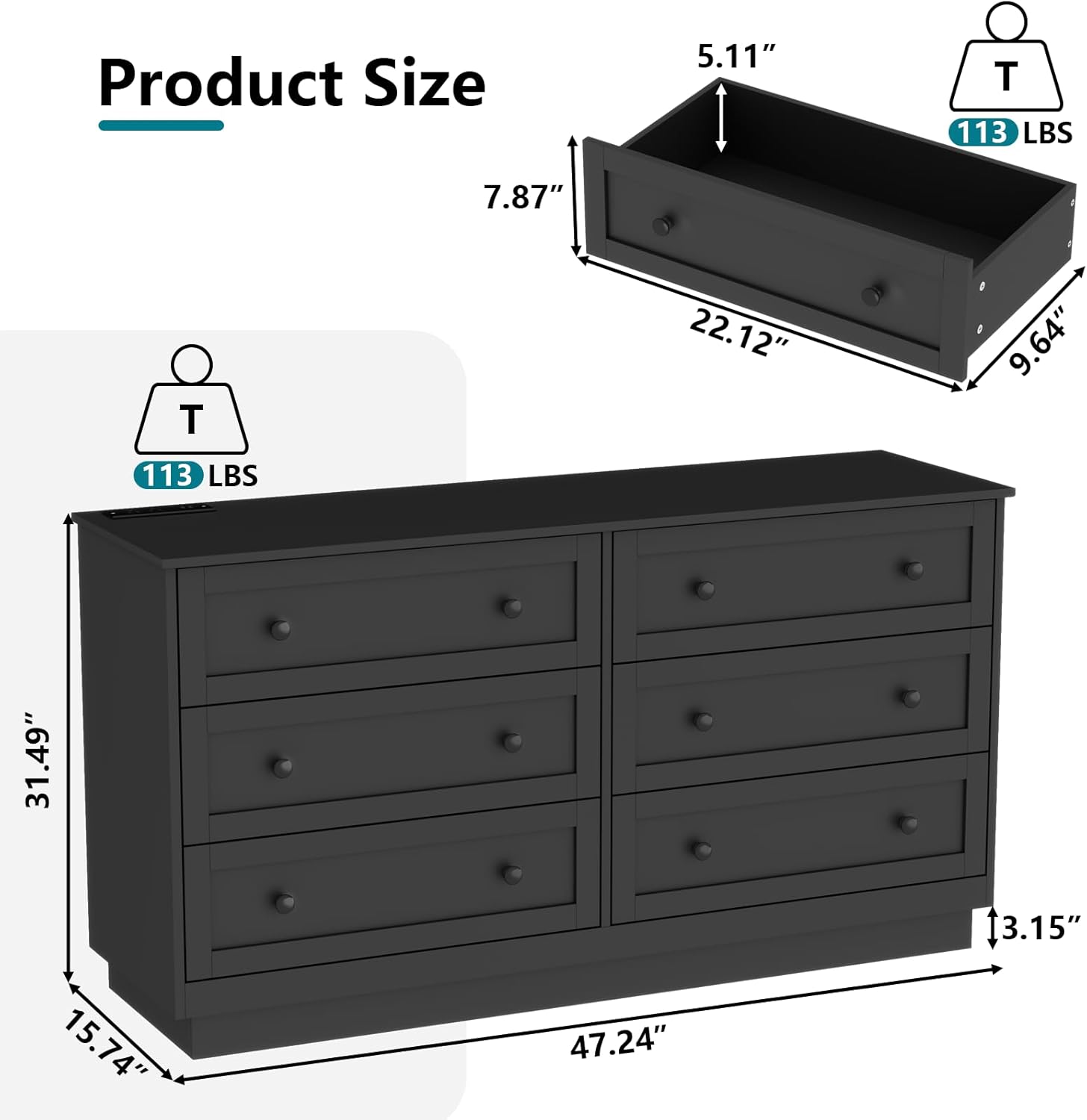 Loomie 6 Drawer Dresser with Power Outlet, Modern Chest of Drawers with Led Light, Double Wide Drawer Organizer Cabinet, Dresser for Bedroom, Living Room, Entryway (Black)