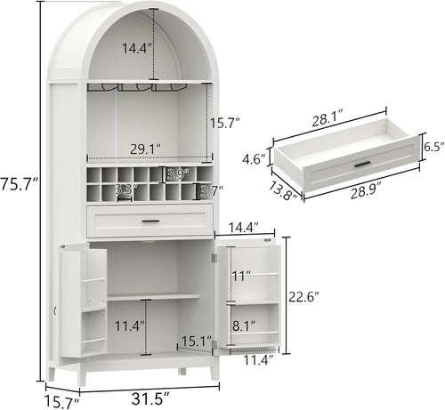 75.7" Tall Arched Wine Bar Cabinet, Bar Cabinets with Glass Holders & Wine Rack, Liquor Cabinet for Home, Kitchen Pantry W/Drawer & Shelves, Versatile Cupboard for Dining Room (White)