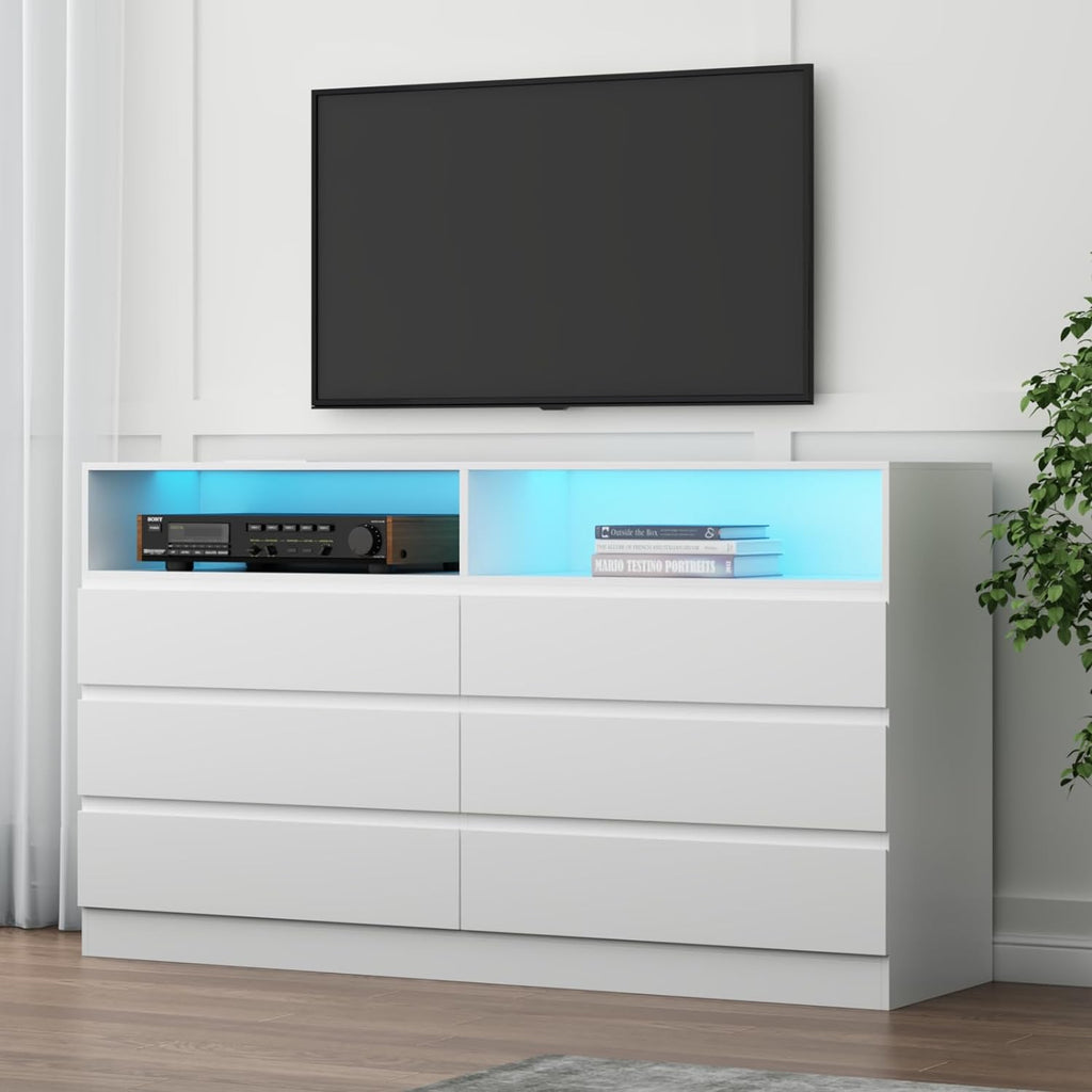 Loomie Drawers Dresser, White Drawer Dresser with Power Outlet, Accent Chests of Drawers with LED Light, Modern Storage Dresser for Bedroom, Living Room (White)