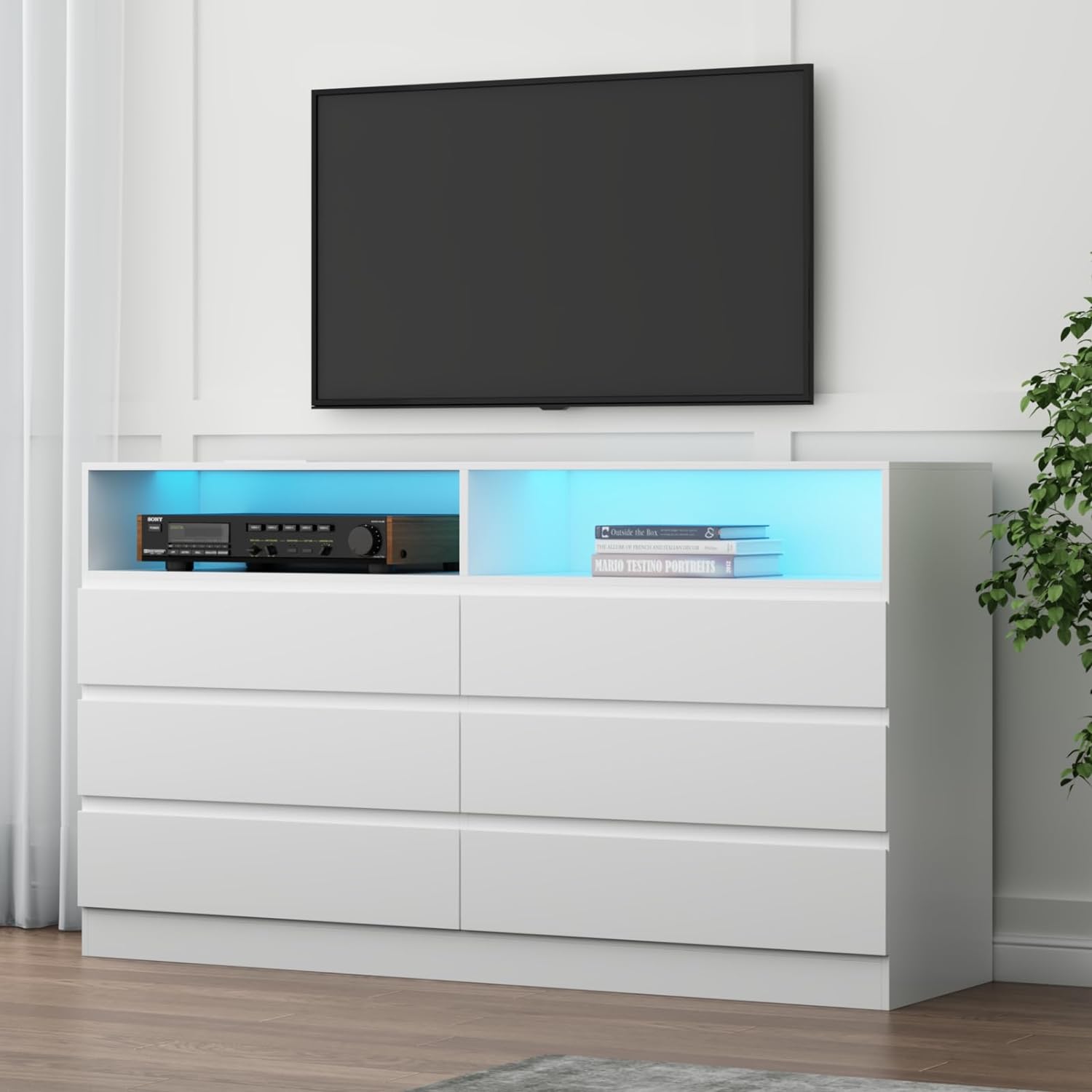 Loomie Drawers Dresser, White Drawer Dresser with Power Outlet, Accent Chests of Drawers with LED Light, Modern Storage Dresser for Bedroom, Living Room (White)