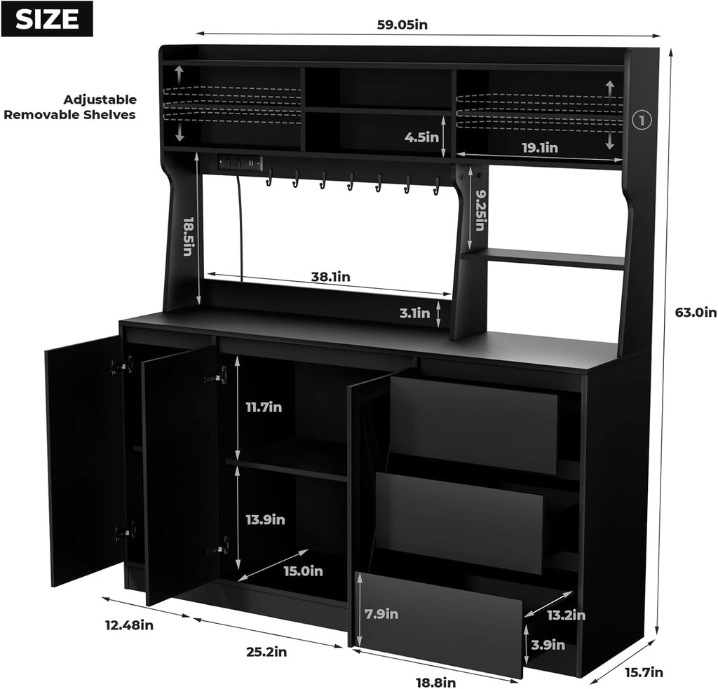 Loomie Farmhouse Sideboard Buffet Cabinet with Storage, 59" Kitchen Storage Cabinet with Power Outlet & LED Light, Coffee Bar w/Microwave Stand & Doors & Drawers & Hooks & Adjusted Shelves (Black)