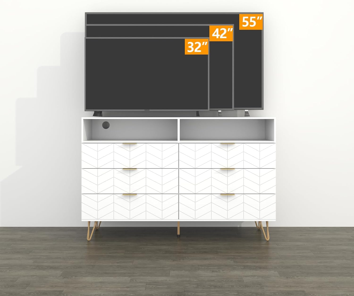 Loomie 6 Drawers Double Dresser with Power Outlet & LED Light,White Long Dresser Chests of Drawers with Storage Cubby,Wood Wide TV Dresser Stand for up to 55" for Bedroom,Hallway,Entryway