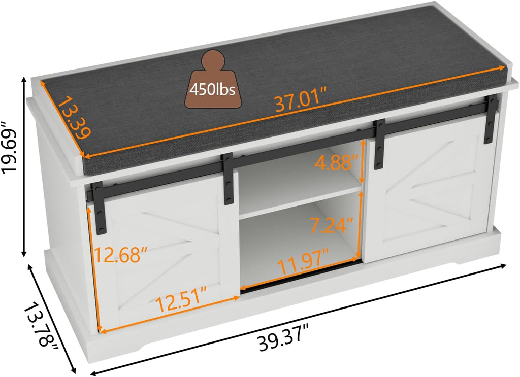 Loomie Shoe Storage Bench, 2-Tier Farmhouse Entryway Bench with Sliding Barn Door Storage Cabinets & Full Soft Removable Seat Cushion, Silm Shoe Rack with Shoe Cabinet for Entryway, Hallway, Bedroom