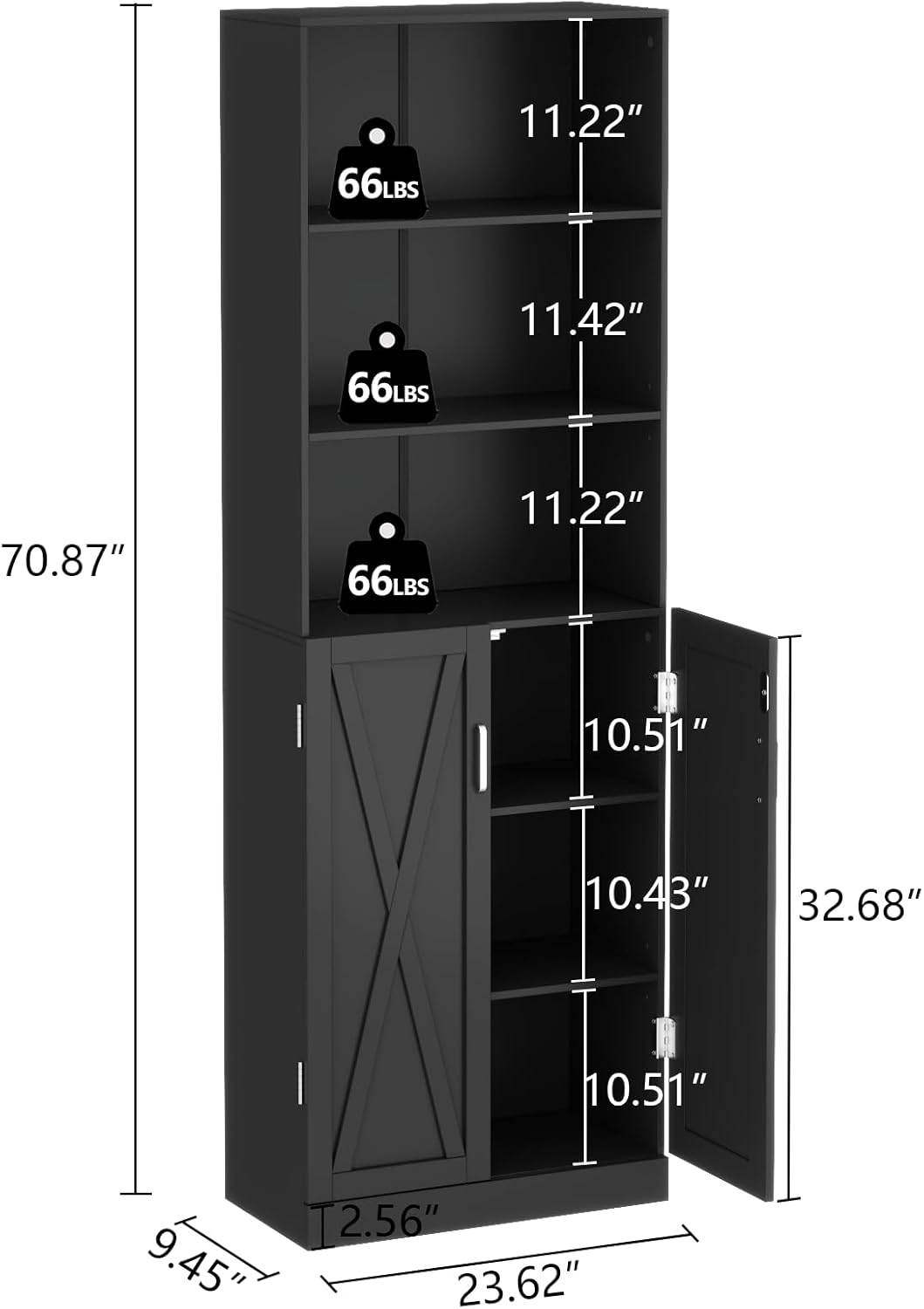 Loomie Industrial Bookshelf with Door, 6 Tier Farmhouse Book Shelf with Adjustable Shelves,70" Tall Display Etagere Bookcase,Floor Standing Unit Book Case Furniture for Home Office,Living Room (Black)