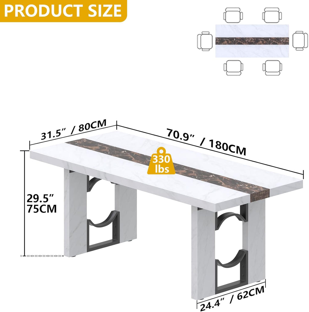 Loomie 71 Inch Dining Table for 6-8 People, Large Rectangular Kitchen Table with Marble-Color Tabletop, 6ft Luxurious Dining Room Table for Living Room, Home Office (White Marble)