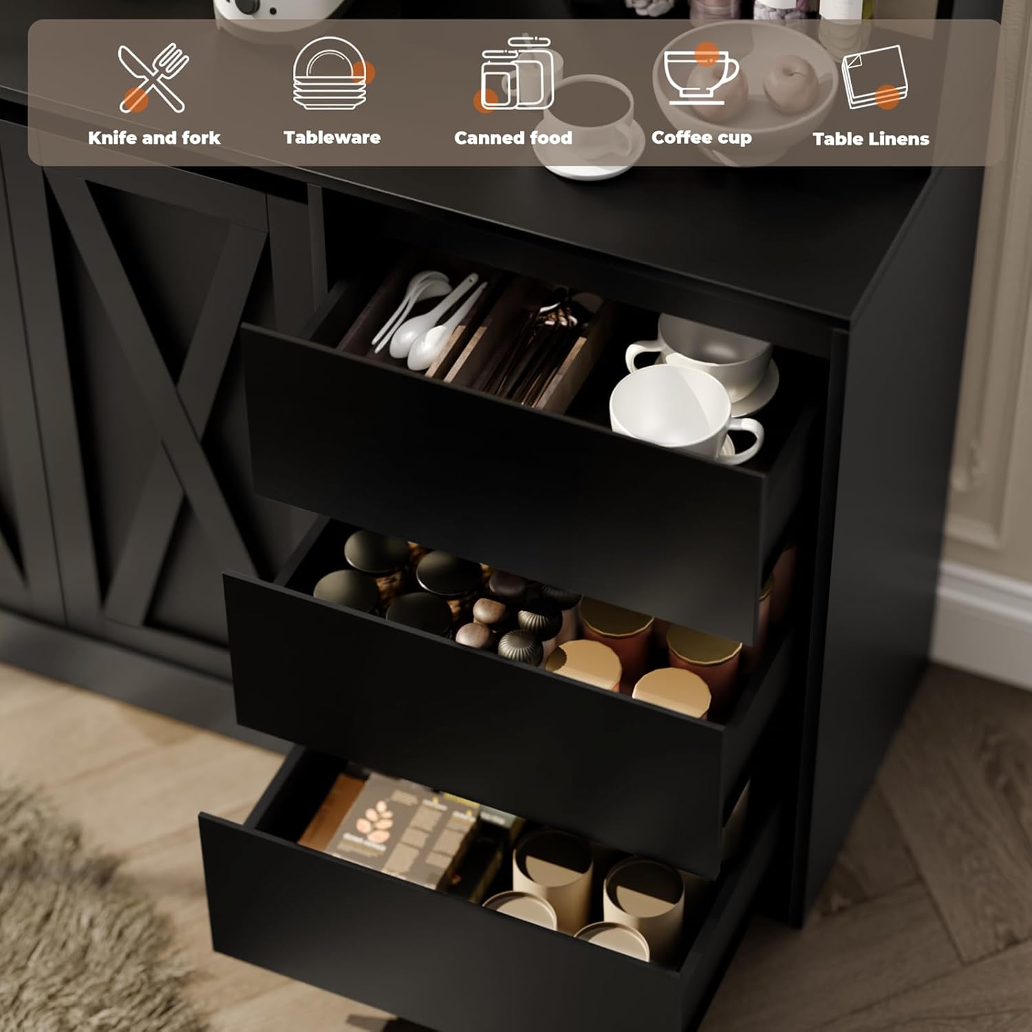 Loomie Farmhouse Sideboard Buffet Cabinet with Storage, 59" Kitchen Storage Cabinet with Power Outlet & LED Light, Coffee Bar w/Microwave Stand & Doors & Drawers & Hooks & Adjusted Shelves (Black)