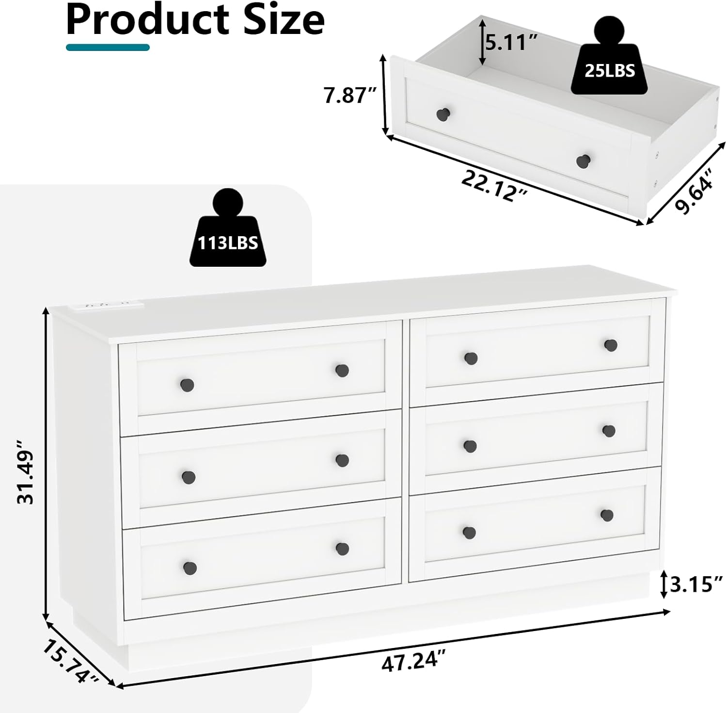 Loomie 6 Drawer Dresser, Modern Drawer Chests with Power Outlet and Led Light, Wide Chest of Drawers for Storage and Organization, White Dresser for Bedroom, Living Room, Closets, Entryway