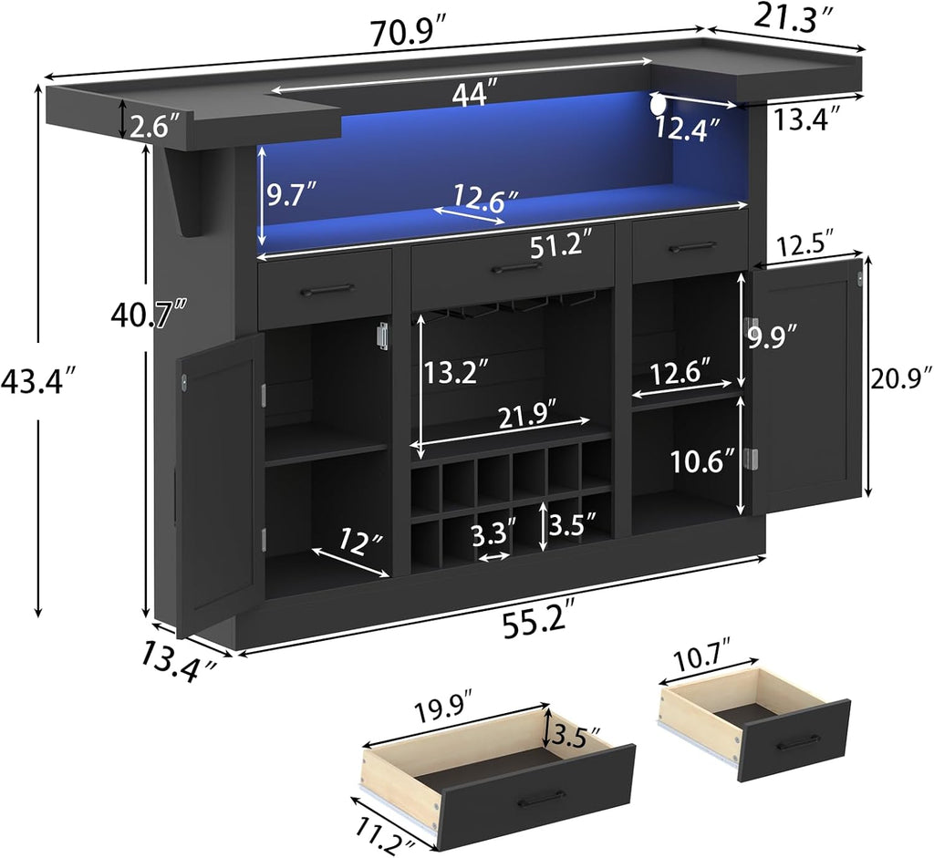 Loomie Bar Table Cabinet with LED & 3 Drawers,Liquor Bar with Adjustable Storage Shelves & Stemware Holders, Crescent Shaped Counter for Home Pub, Wine Alcohol Bar Stand with Door & Wine Rack (Black)