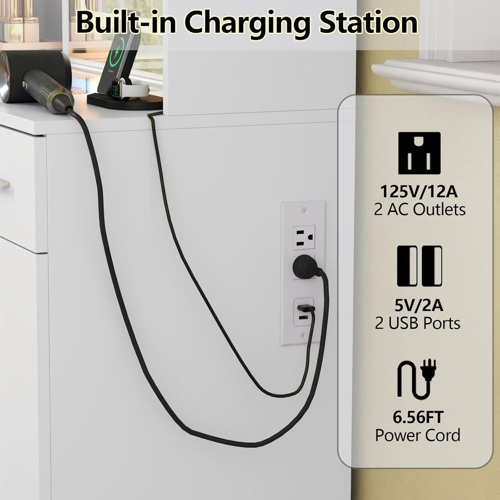 Loomie Vanity Desk with Lighted Mirror & Power Outlet, Makeup Vanity Table with 3 Drawers, 6 Shelves & 2 Cabinets, Tempered Glass Tabletop Dressing Table with LED lights for Bedroom, White (3 Drawers)
