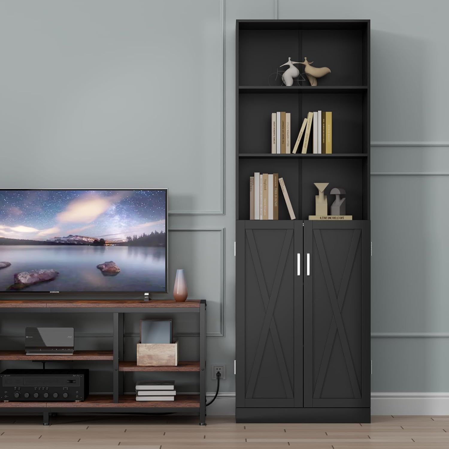 Loomie Industrial Bookshelf with Door, 6 Tier Farmhouse Book Shelf with Adjustable Shelves,70" Tall Display Etagere Bookcase,Floor Standing Unit Book Case Furniture for Home Office,Living Room (Black)