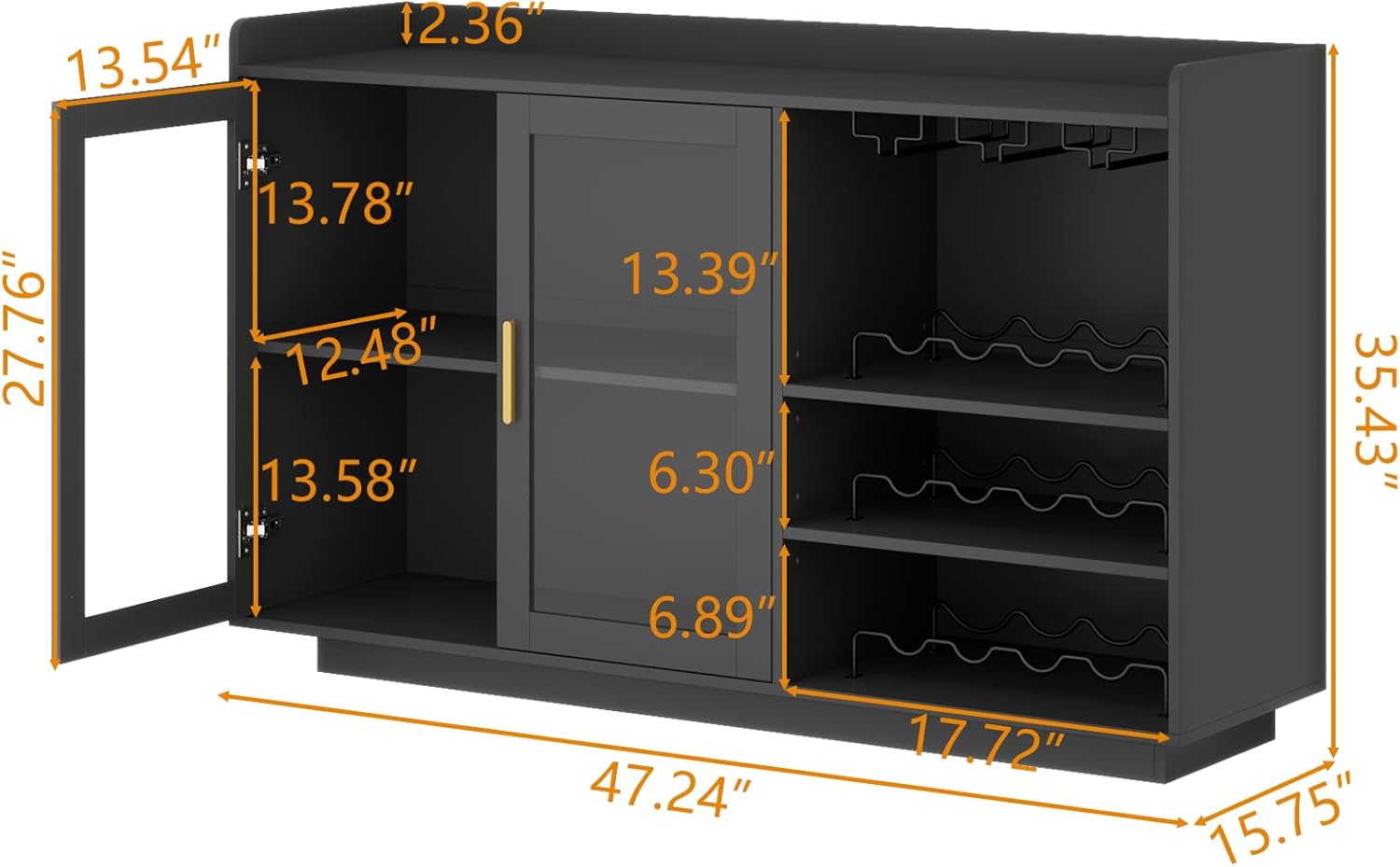 Loomie Wine Bar Cabinet with LED Lights, Floating Coffee Bar with Glass Rack and Removable Wine Racks, Modern Buffet Sideboard with Storage Shelves, Kithchen Bar with Glass Cabinet Doors, Black