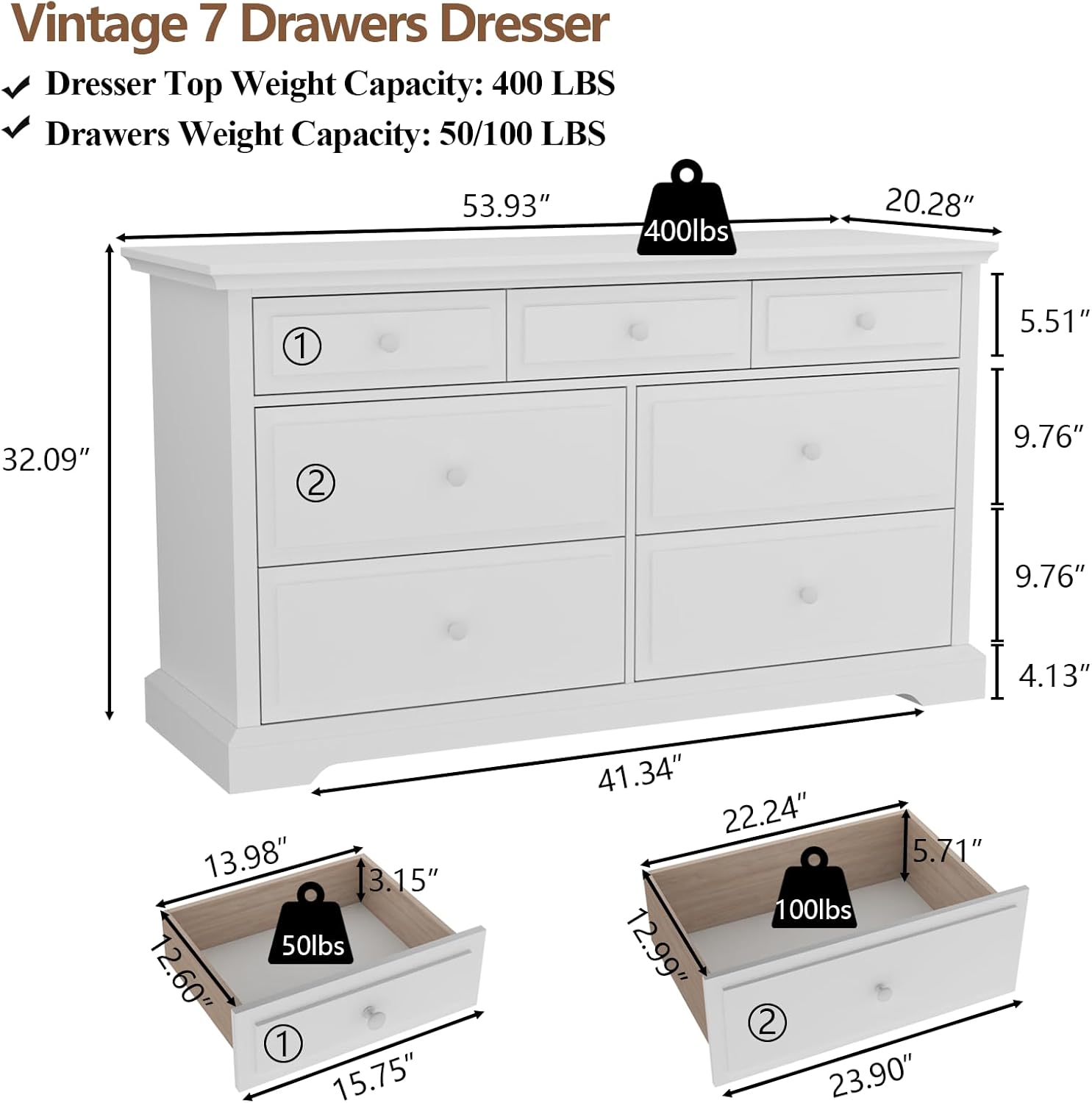 Loomie 7 Drawers White Double Dressers Chests for Bedroom, Large Storage Dressers Organizer for Bedroom, Long Dresser Tv Stand, Vintage Solid Tall Closet Dressers with Storage for Living Room, Hallway