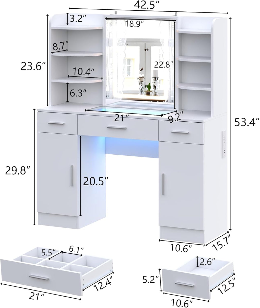 Loomie Vanity Desk with Lighted Mirror & Power Outlet, Makeup Vanity Table with 3 Drawers, 6 Shelves & 2 Cabinets, Tempered Glass Tabletop Dressing Table with LED lights for Bedroom, White (3 Drawers)