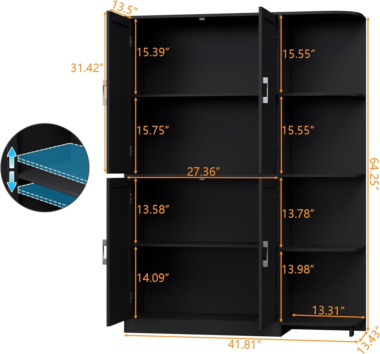 Loomie Kitchen Pantry Storage Cabinet, 64" Tall Freestanding Cupboard with Doors & Adjustable Shelves, Food Pantry Cabinet with 5-Tier External Shelf for Dining Room (Black)
