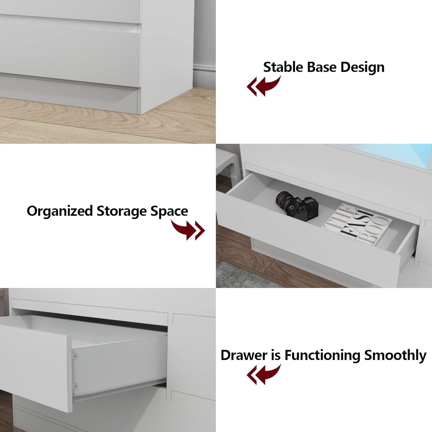 Loomie Drawers Dresser, White Drawer Dresser with Power Outlet, Accent Chests of Drawers with LED Light, Modern Storage Dresser for Bedroom, Living Room (White)