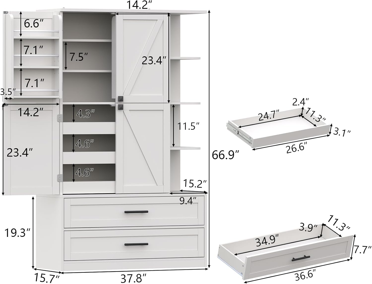 Loomie 66.9" Farmhouse Kitchen Pantry Cabinet, 5 Drawers Storage Cabinet with 4 Side Shelves & 6 Door Shelves, Freestanding Hutch with Doors, Buffet Sideboard, Cupboard for Dining Room, White (White)