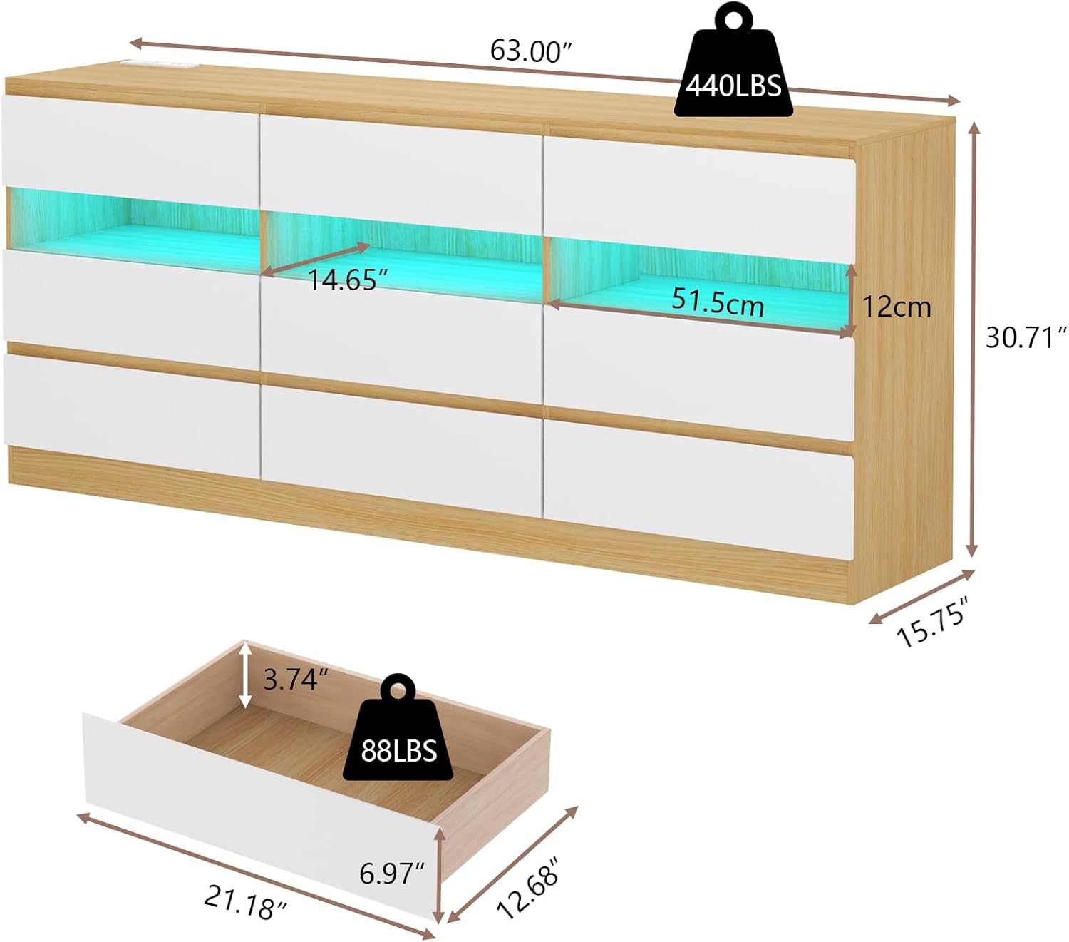 Loomie 63" Wide 9-Drawer Dresser with Charging Station & LED Lights, TV Stand for TVs up to 75", Deep Storage with 3 Cubbies,Wooden Dressers & Chest of Drawers, Modern Long Dressers for Closet,Hallway