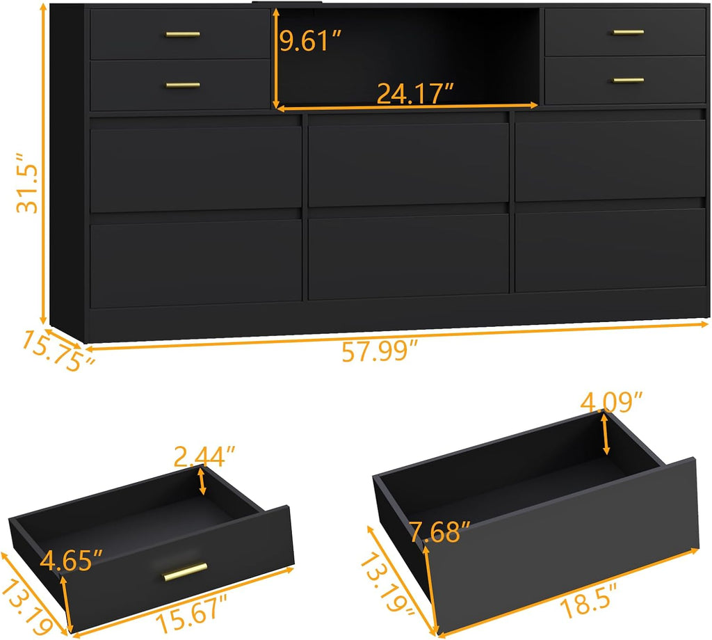 Loomie Upgraded 10 Drawer Black Dresser with Charging Station & Led Lights for Bedroom, 58" Long Triple Wide Dresser TV Stand for TVs up to 65", Wide Chest of Drawer, Large Dressers Organizer wCubby