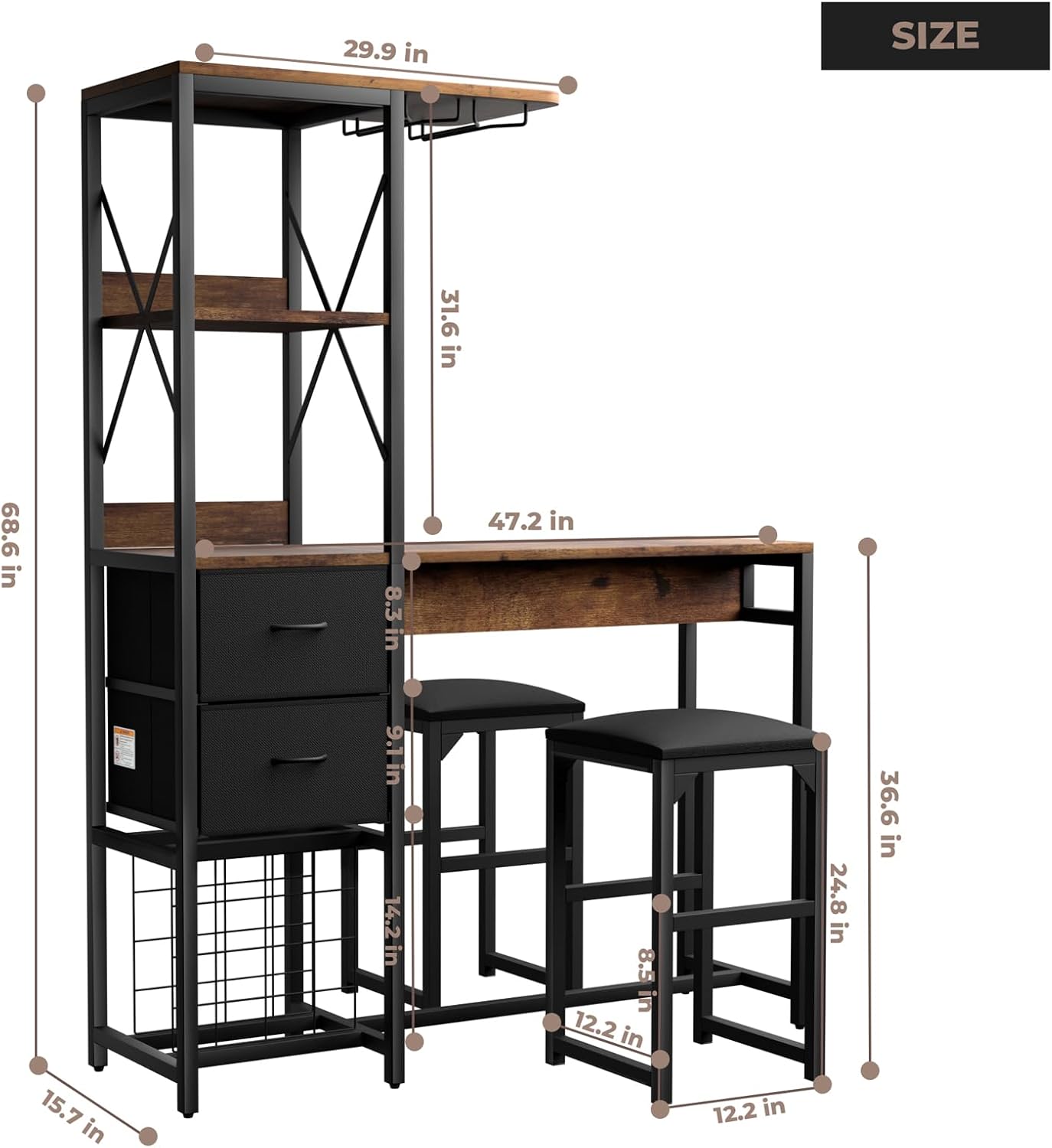 6-Tier Bar Table and Chairs Set, Metal Coffee Bar with Storage Shelves and 2 Fabric Drawers, Dining Table Cup Holder & Wine Rack, Kitchen Table Set with PU Leather Cushion Stools for Small Space