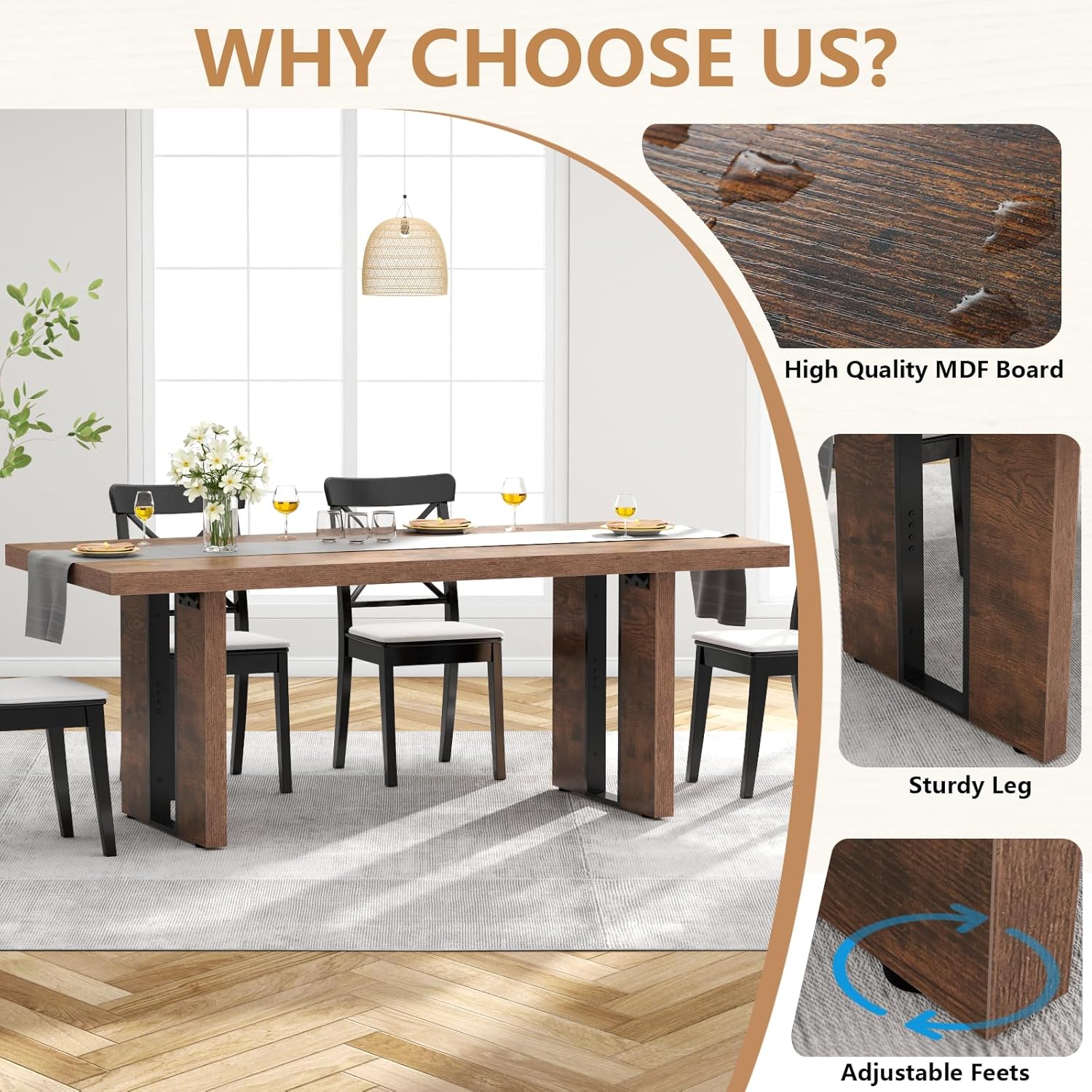 Loomie 70.8 Inch Dining Table, Rustic Farmhouse Kitchen Table for 6-8 People