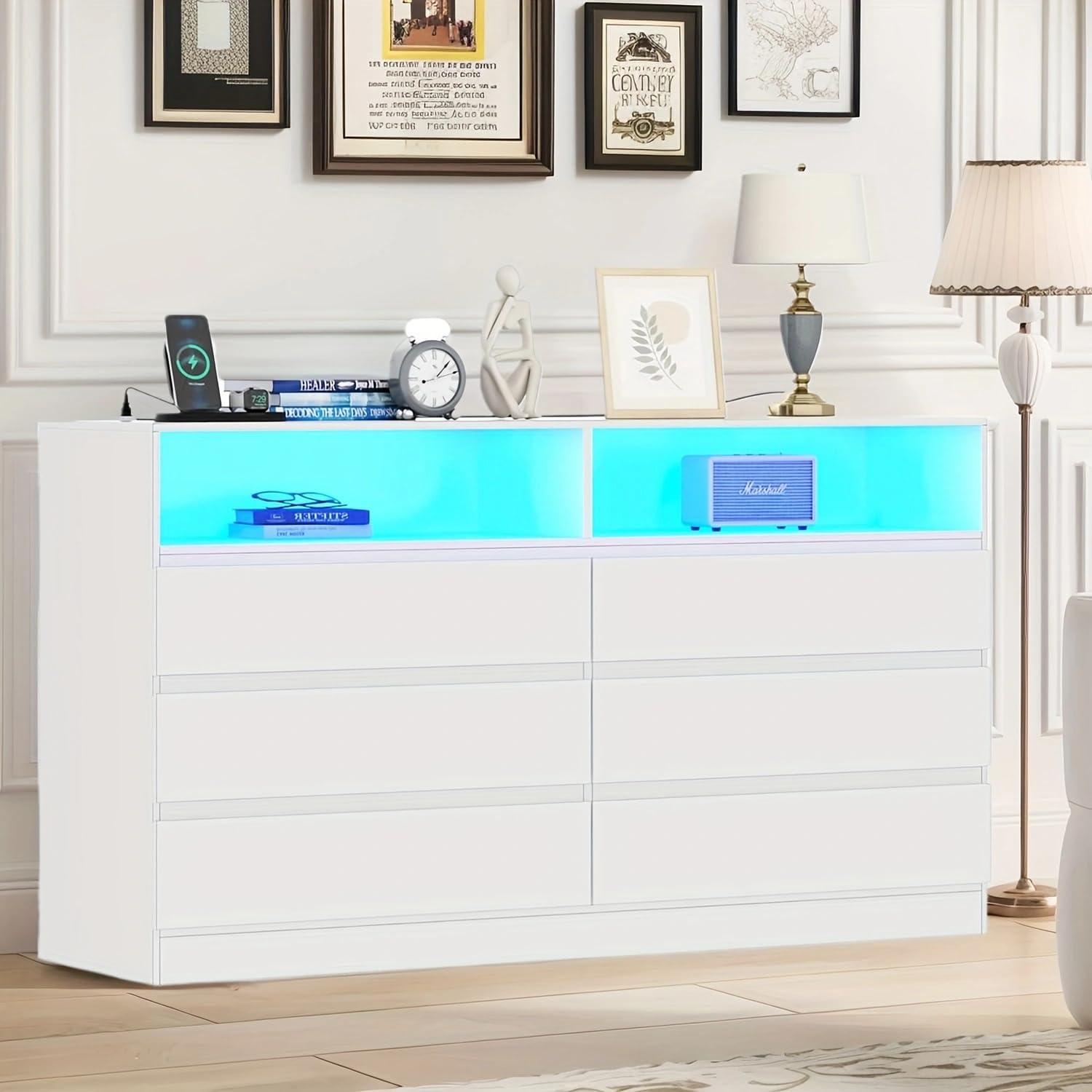 Loomie 12-Cell Divided Drawers White Dresser with Charging Station & Led Lights for Bedroom, Long 63" Wide Dresser TV Stand for TVs up to 75", Large Dressers Organizer with 4 Open Cubbies
