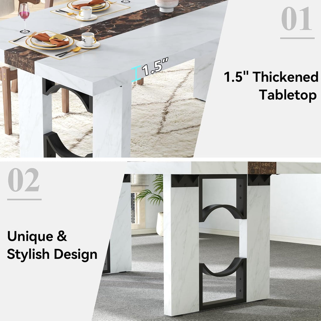 Loomie 71 Inch Dining Table for 6-8 People, Large Rectangular Kitchen Table with Marble-Color Tabletop, 6ft Luxurious Dining Room Table for Living Room, Home Office (White Marble)