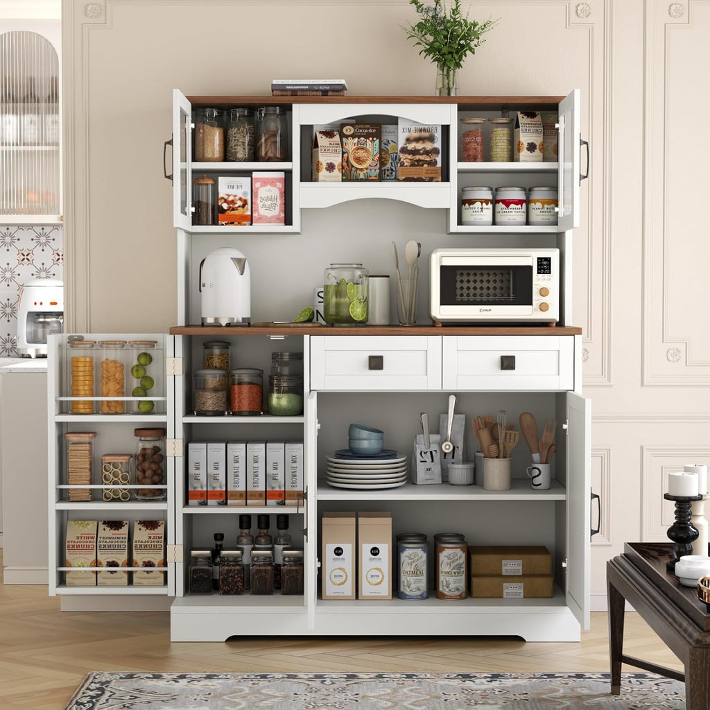 Loomie 59" Farmhouse Buffet Cabinets with Storage,Buffet Sideboard Cabinet with Drawers and Glass Door,Freestanding Coffee Bar with Adjustable Shelves for Dining Room,Kitchen,(White)