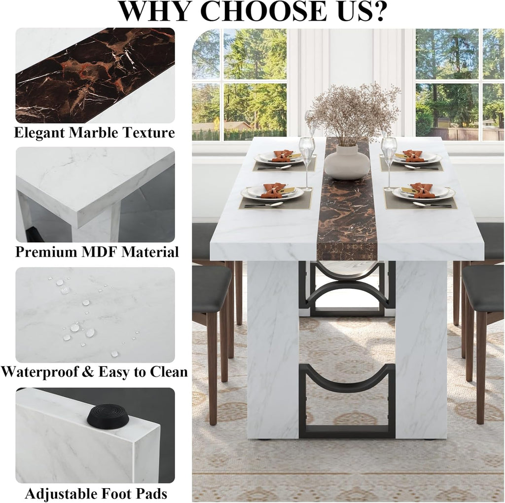 Loomie 71 Inch Dining Table for 6-8 People, Large Rectangular Kitchen Table with Marble-Color Tabletop, 6ft Luxurious Dining Room Table for Living Room, Home Office (White Marble)
