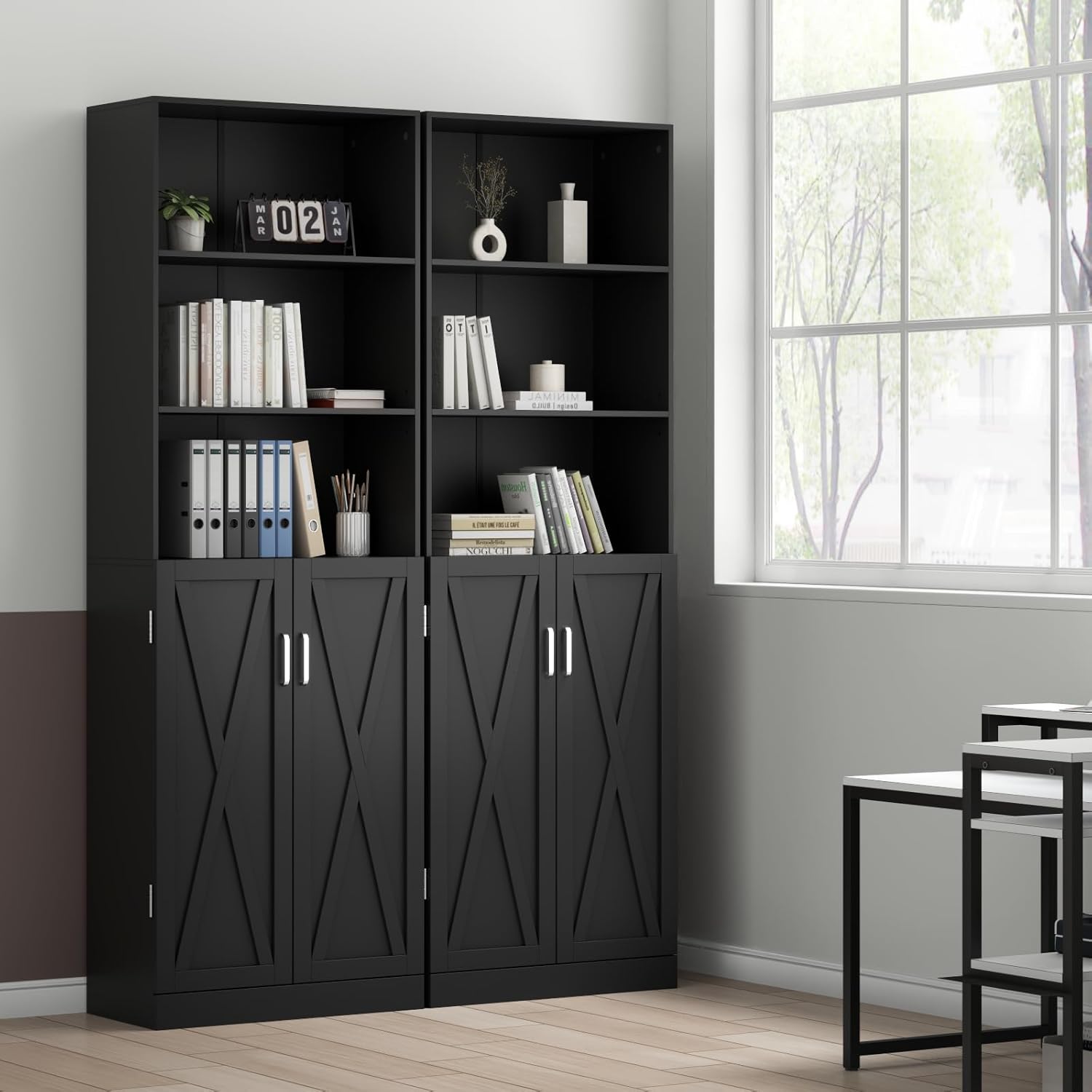 Loomie Industrial Bookshelf with Door, 6 Tier Farmhouse Book Shelf with Adjustable Shelves,70" Tall Display Etagere Bookcase,Floor Standing Unit Book Case Furniture for Home Office,Living Room (Black)